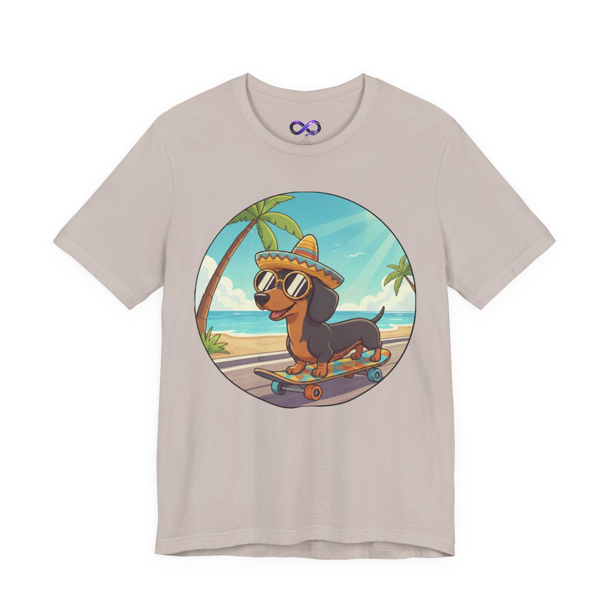 Dachshund Skateboard Tee — Beach Vibes Dog Skateboard T‑Shirt