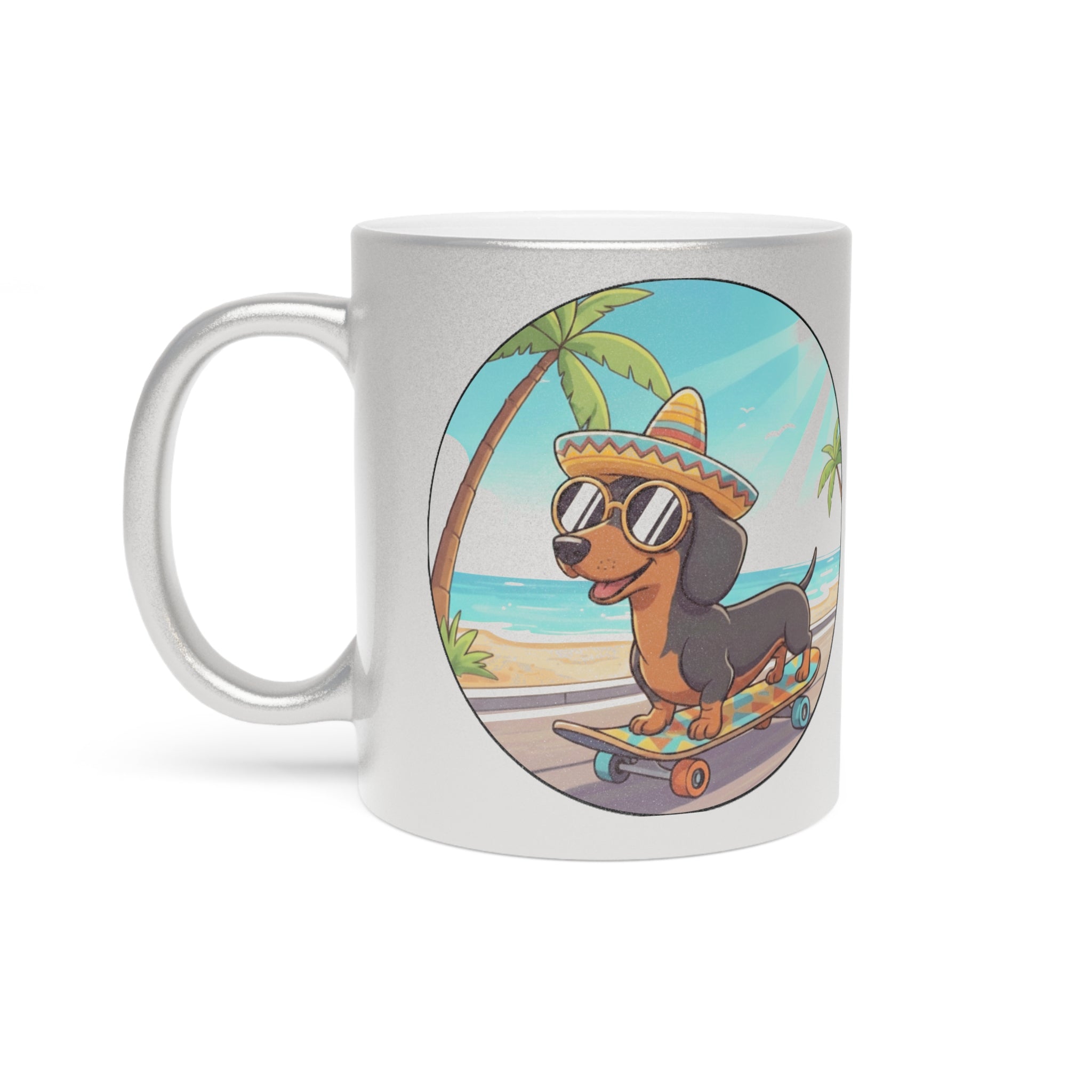 Metallic Mug — Skateboarding Dachshund Beach Design (Silver/Gold)