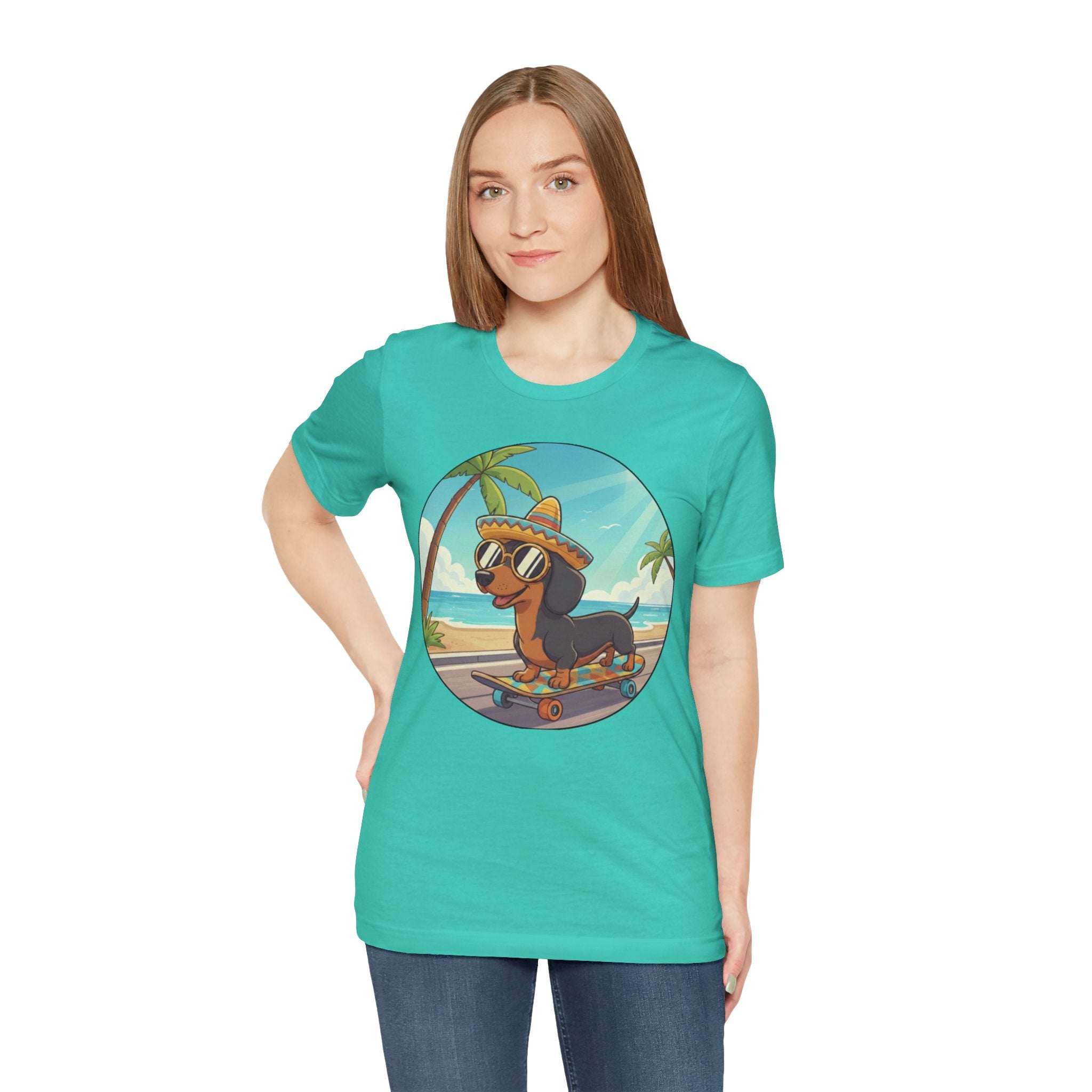 Dachshund Skateboard Tee — Beach Vibes Dog Skateboard T‑Shirt