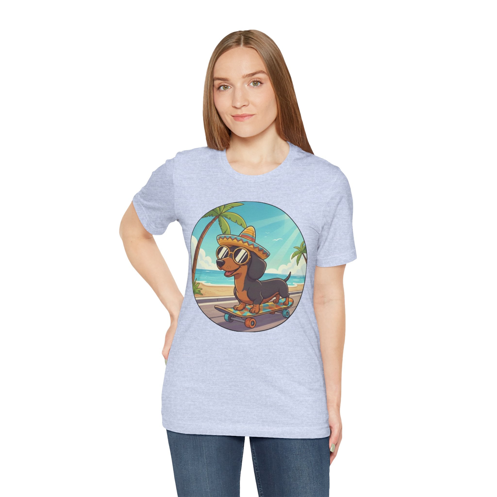 Dachshund Skateboard Tee — Beach Vibes Dog Skateboard T‑Shirt