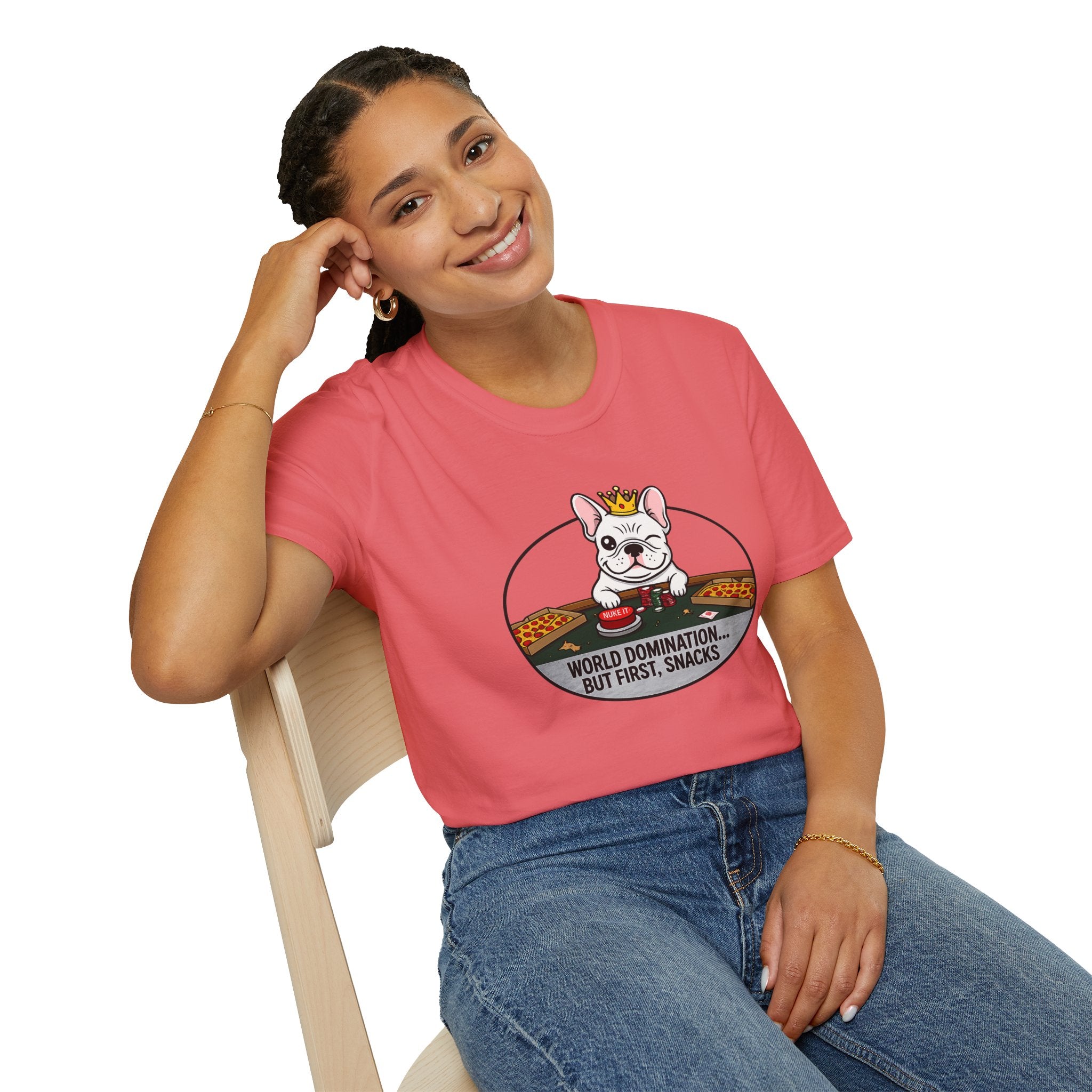 Dog Lover T-Shirt — "World Domination... But First, Snacks" Cute French Bulldog Tee