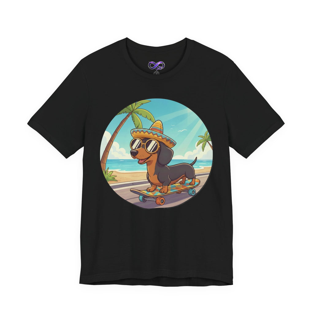Dachshund Skateboard Tee — Beach Vibes Dog Skateboard T‑Shirt