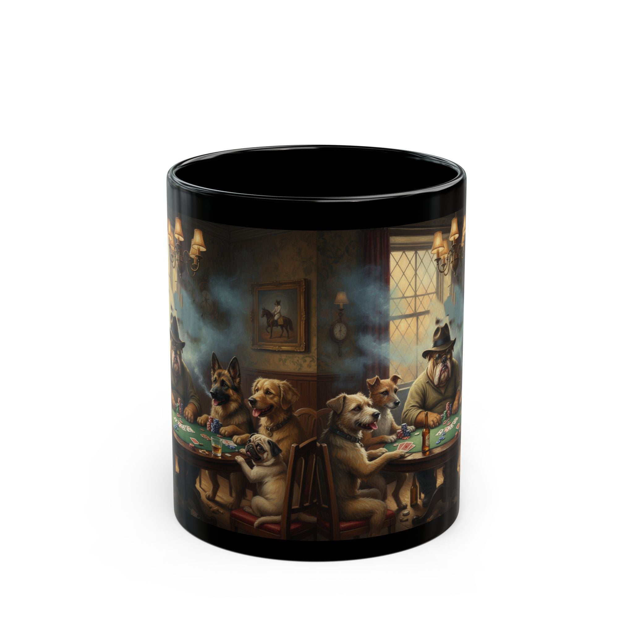 Poker Dogs Black Ceramic Mug — Funny Canine Poker Night Coffee Cup (11oz/15oz)