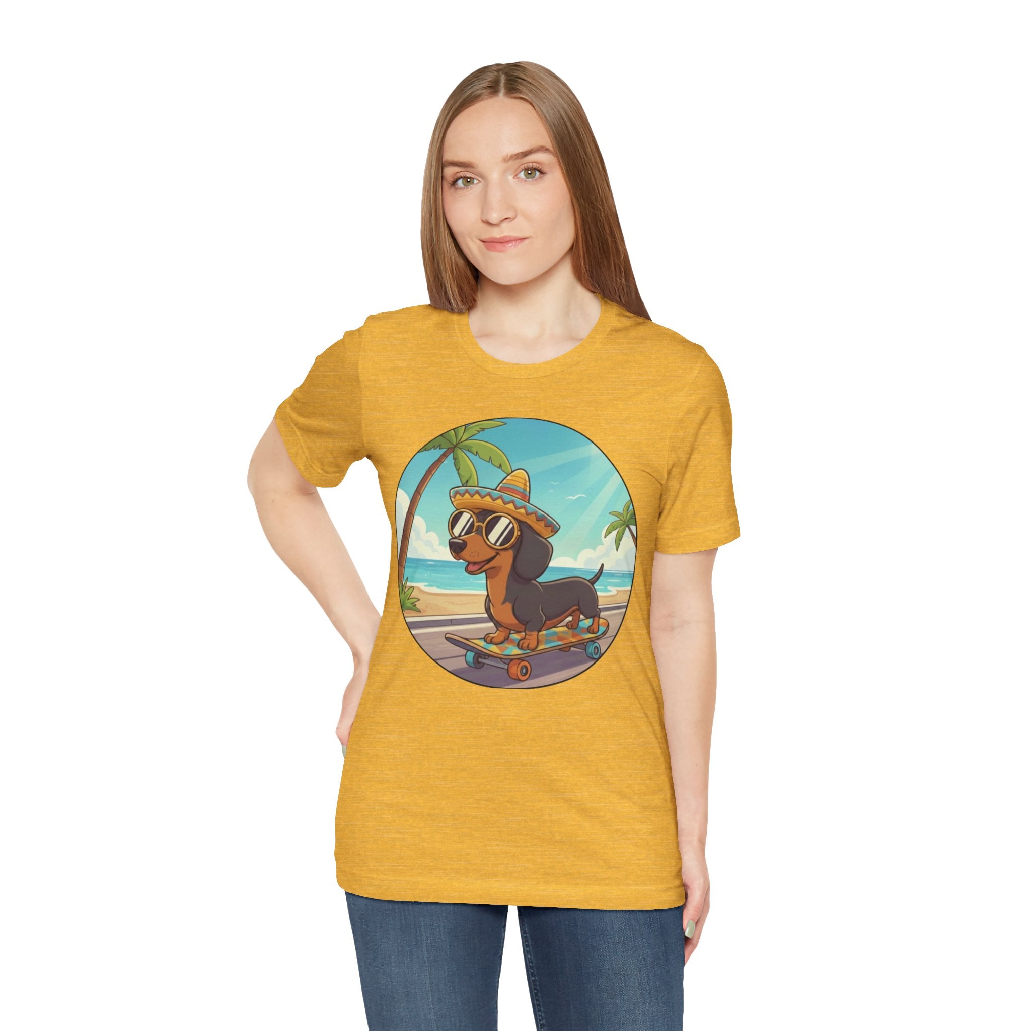 Dachshund Skateboard Tee — Beach Vibes Dog Skateboard T‑Shirt