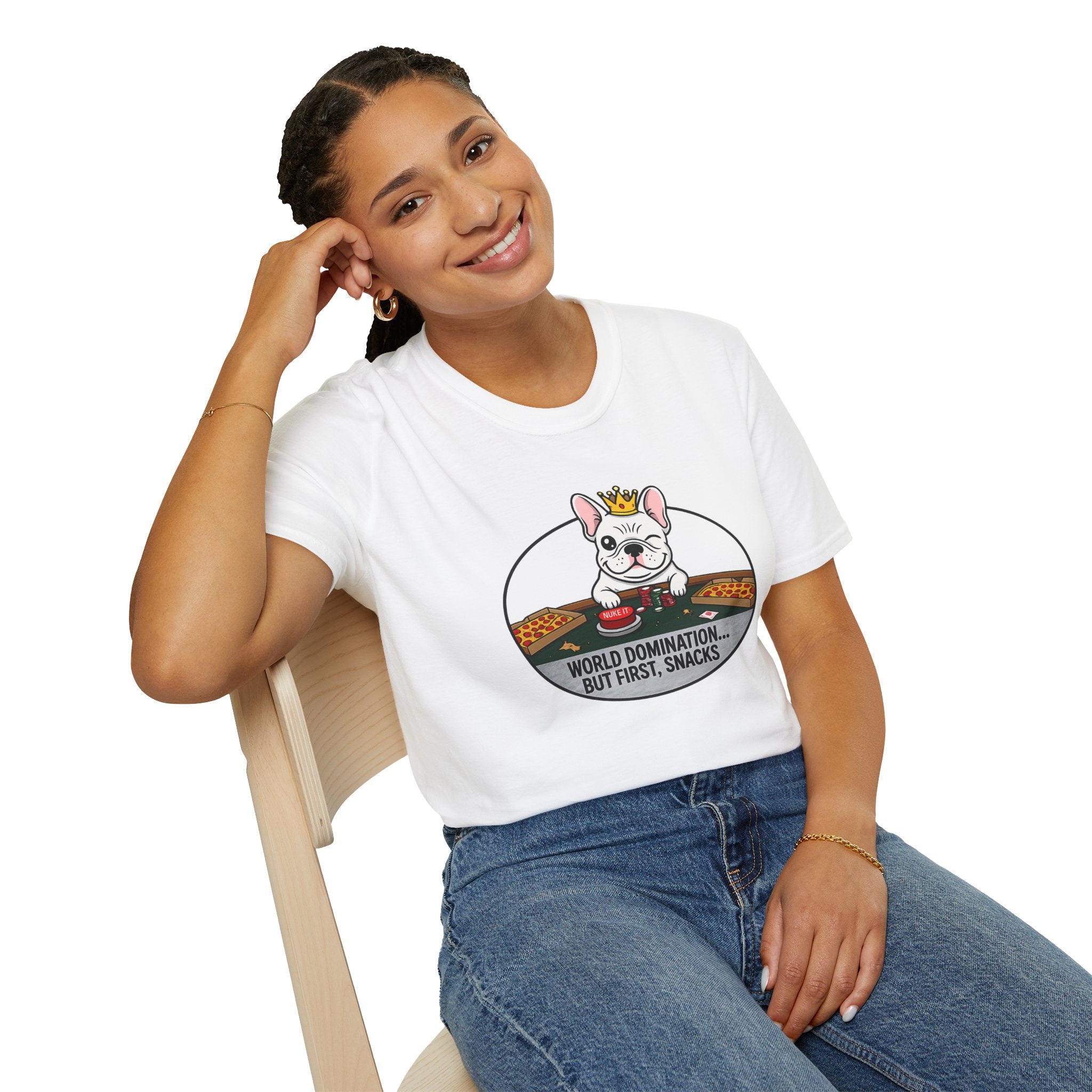 Dog Lover T-Shirt — "World Domination... But First, Snacks" Cute French Bulldog Tee