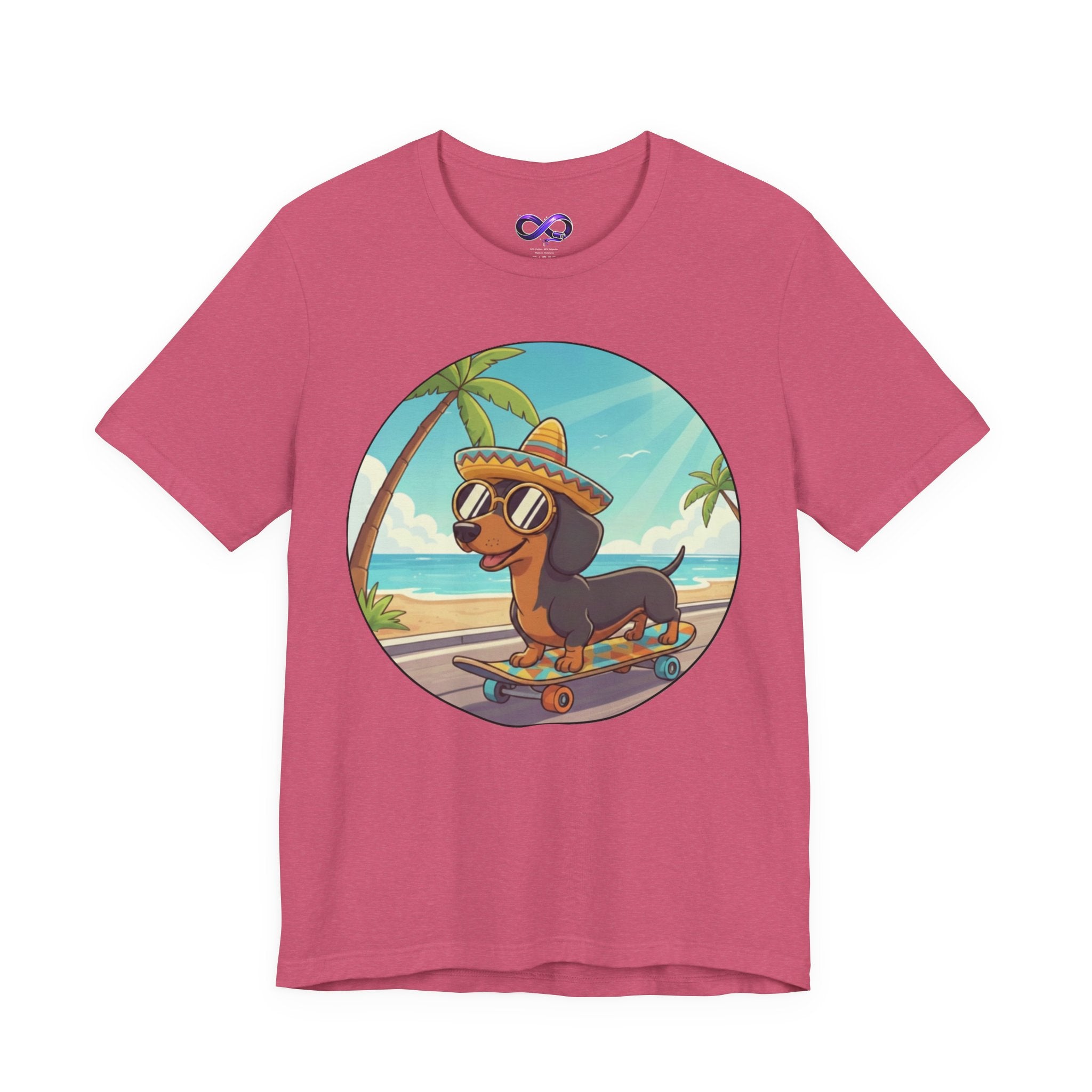 Dachshund Skateboard Tee — Beach Vibes Dog Skateboard T‑Shirt