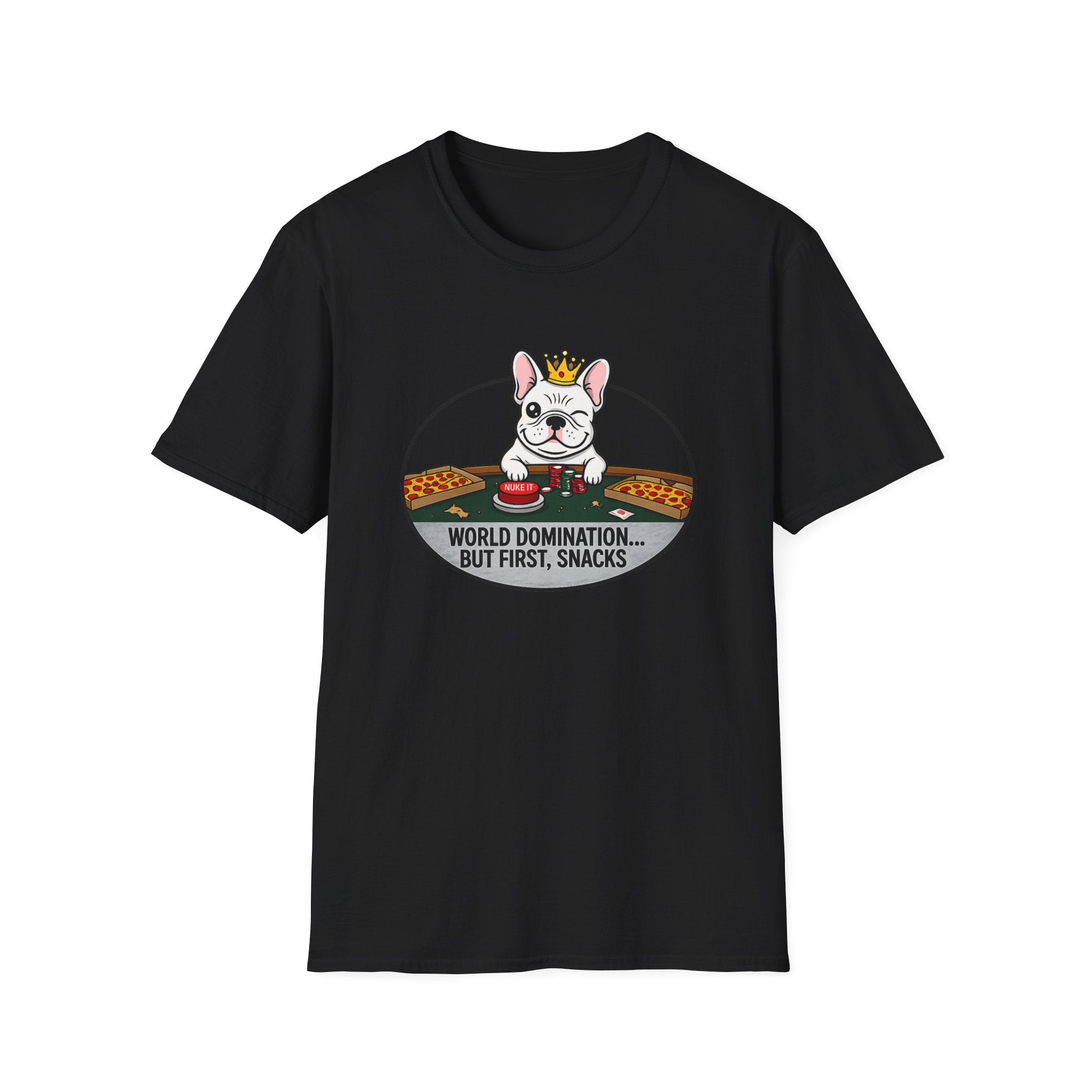 Dog Lover T-Shirt — "World Domination... But First, Snacks" Cute French Bulldog Tee
