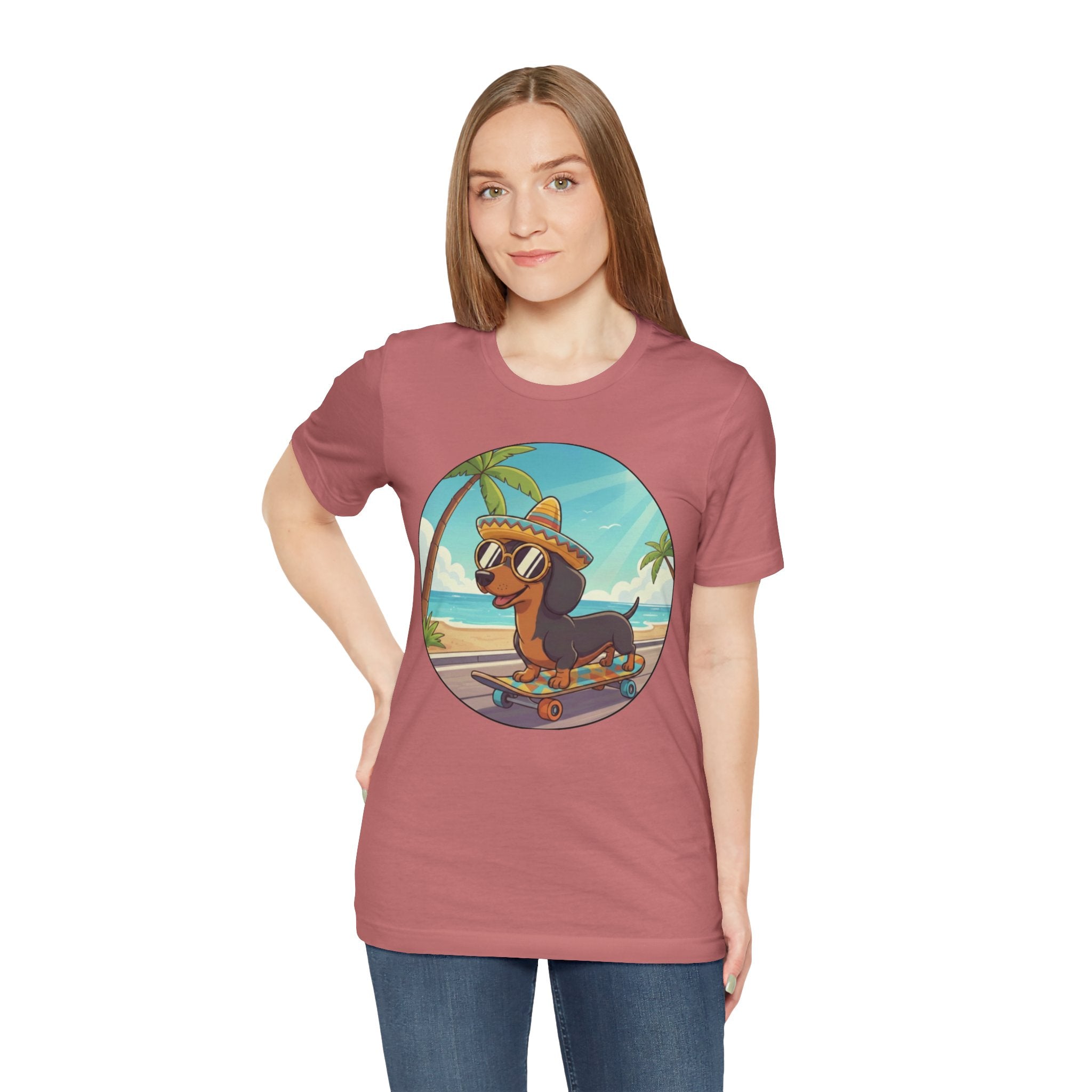 Dachshund Skateboard Tee — Beach Vibes Dog Skateboard T‑Shirt