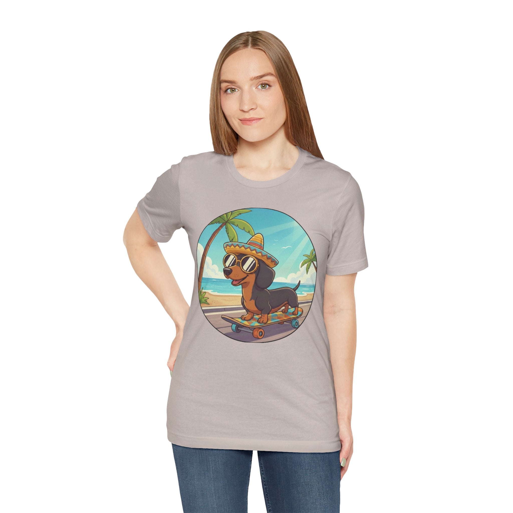 Dachshund Skateboard Tee — Beach Vibes Dog Skateboard T‑Shirt