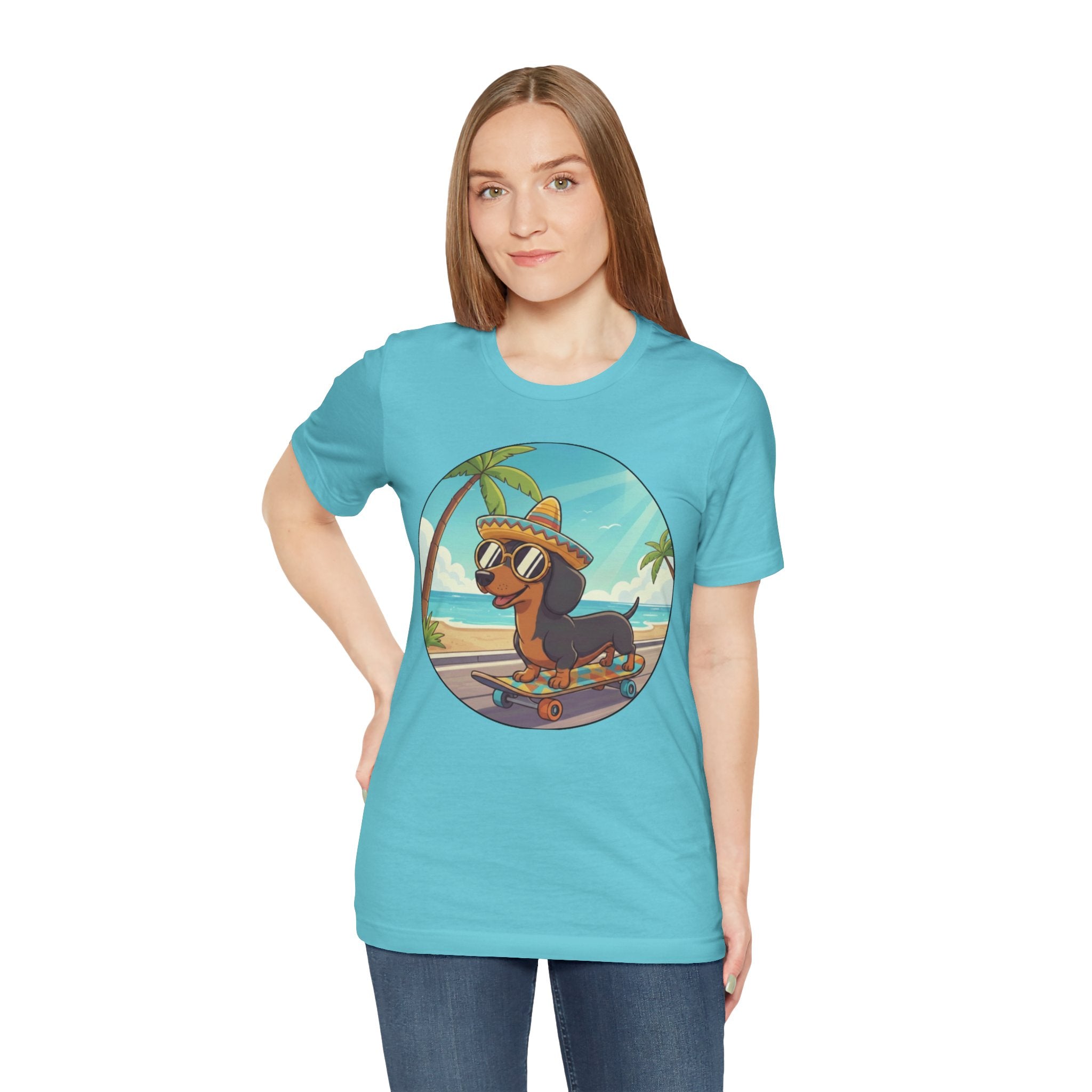 Dachshund Skateboard Tee — Beach Vibes Dog Skateboard T‑Shirt