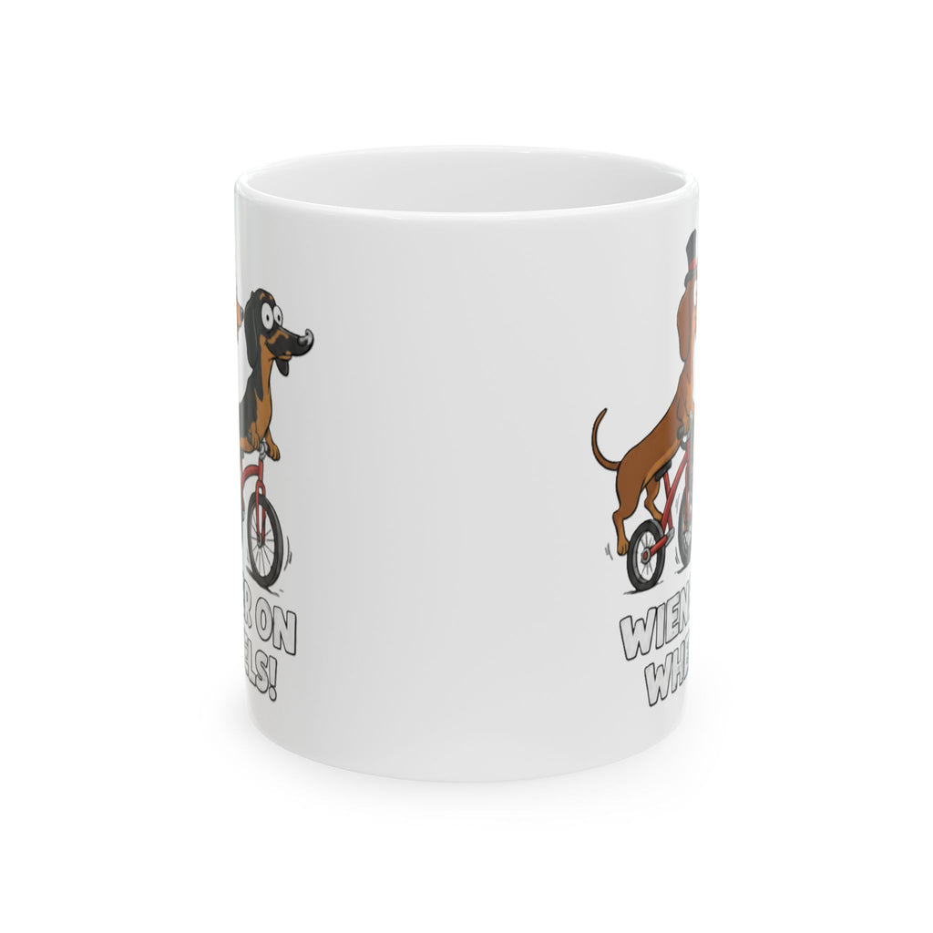 Dachshund on Bike Ceramic Mug – 'Wiener On Wheels' Funny Dog Coffee Cup (11oz, 15oz)