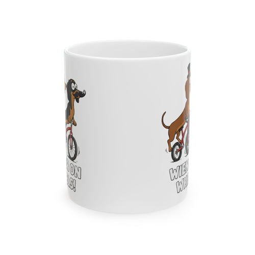 Dachshund on Bike Ceramic Mug – 'Wiener On Wheels' Funny Dog Coffee Cup (11oz, 15oz)
