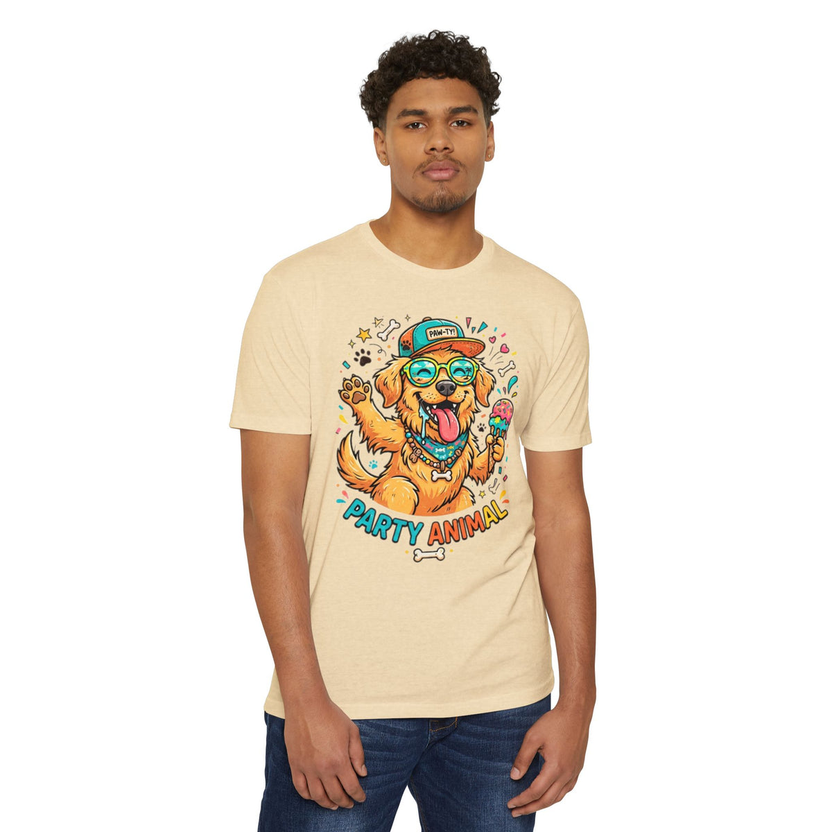 Party Animal Dog Graphic T-Shirt — Cute Golden Retriever Ice Cream Tee