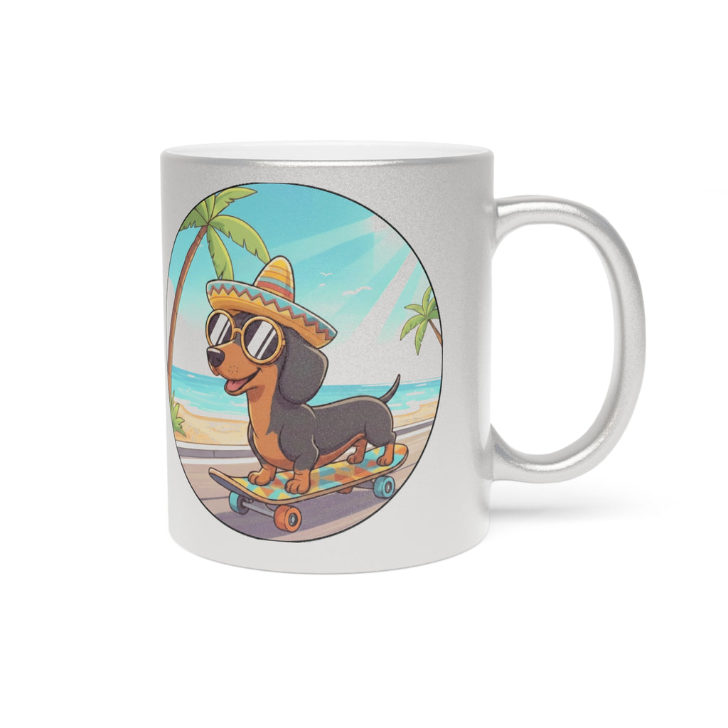 Metallic Mug — Skateboarding Dachshund Beach Design (Silver/Gold)