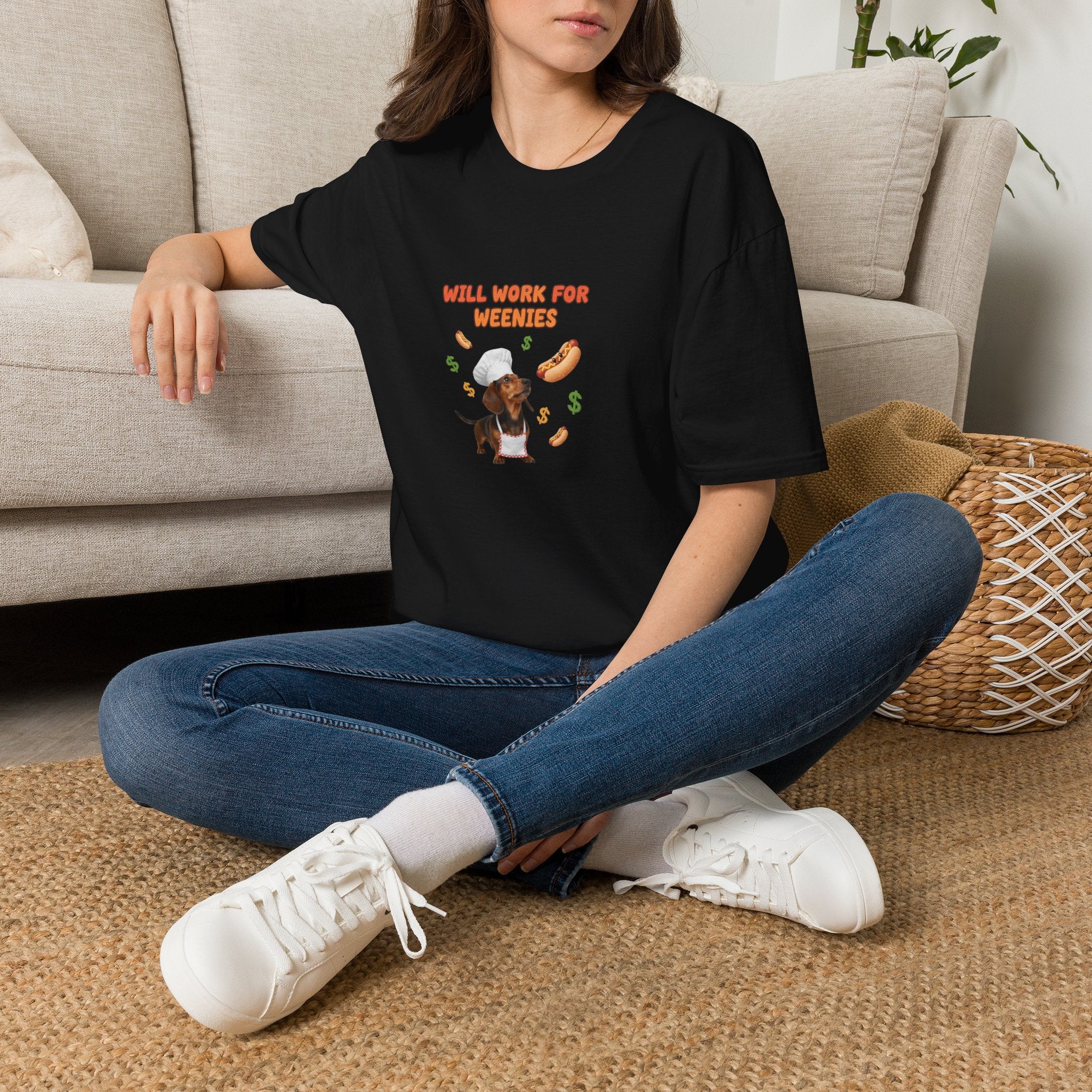 Will Work for Weenies T-Shirt — Cute Dachshund Hot Dog Graphic Tee