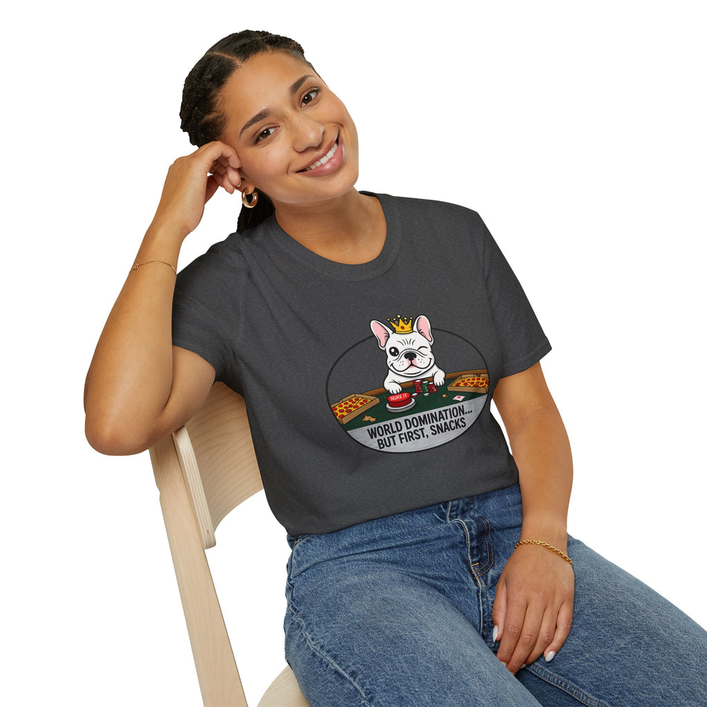 Dog Lover T-Shirt — "World Domination... But First, Snacks" Cute French Bulldog Tee