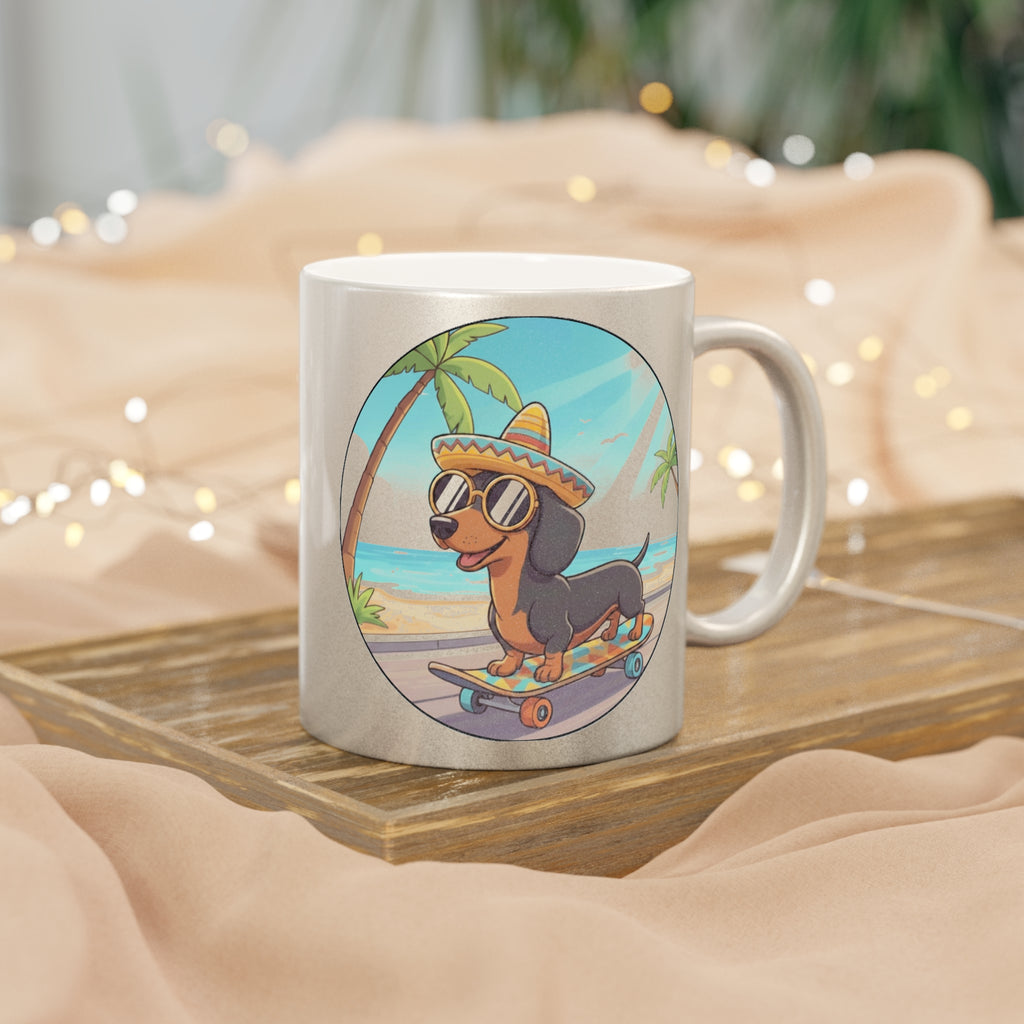 Metallic Mug — Skateboarding Dachshund Beach Design (Silver/Gold)