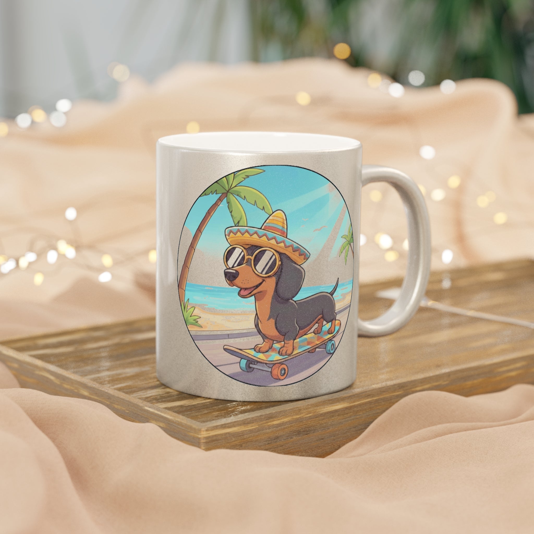 Metallic Mug — Skateboarding Dachshund Beach Design (Silver/Gold)