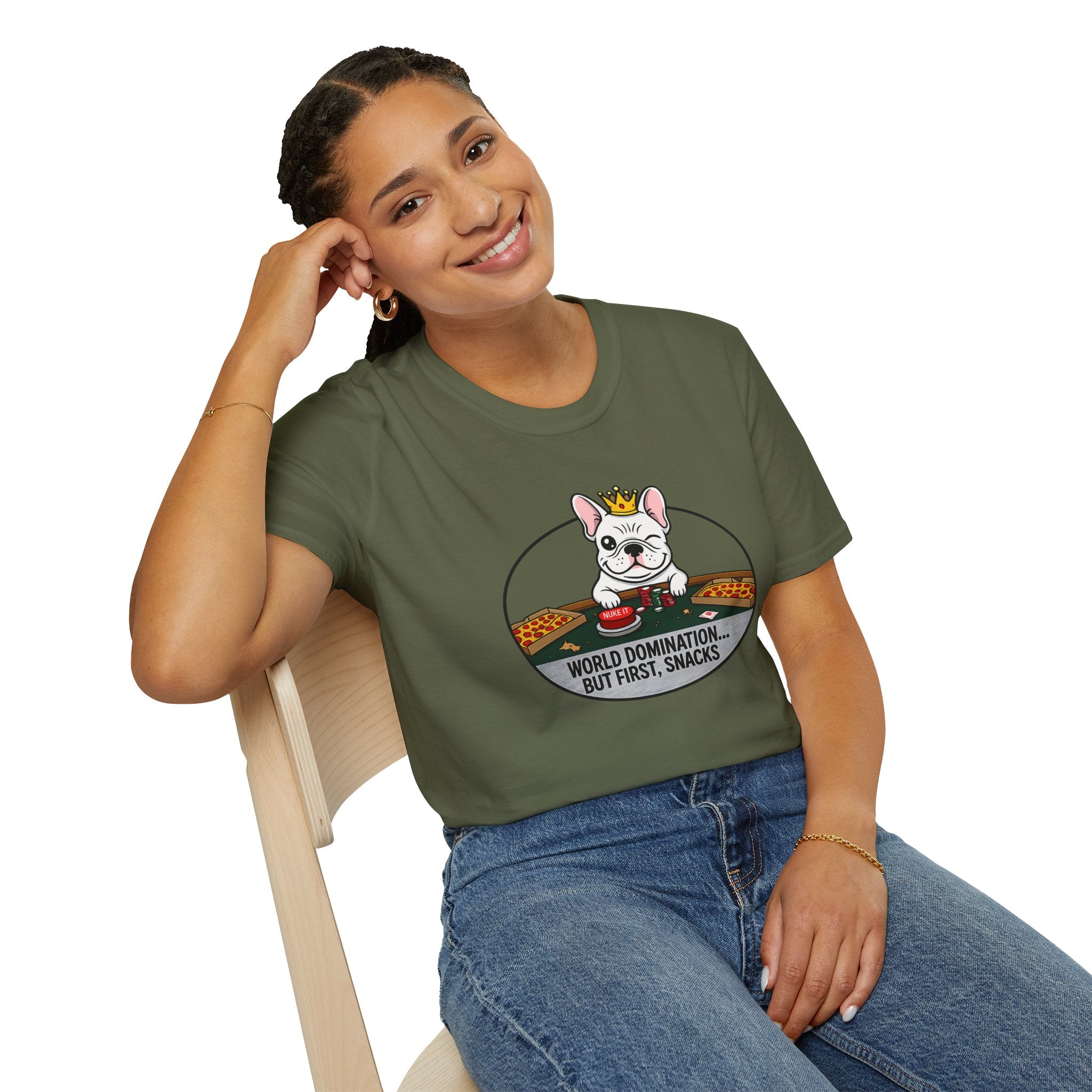 Dog Lover T-Shirt — "World Domination... But First, Snacks" Cute French Bulldog Tee