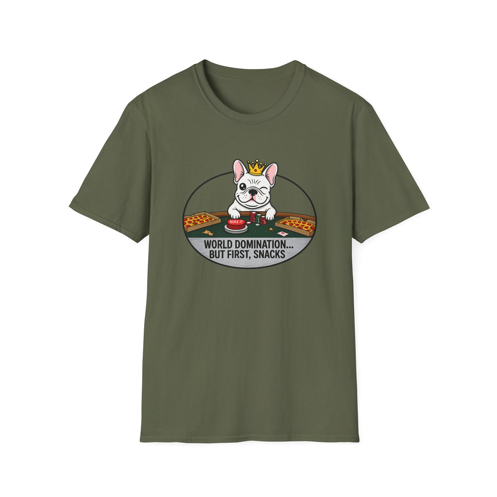 Dog Lover T-Shirt — "World Domination... But First, Snacks" Cute French Bulldog Tee