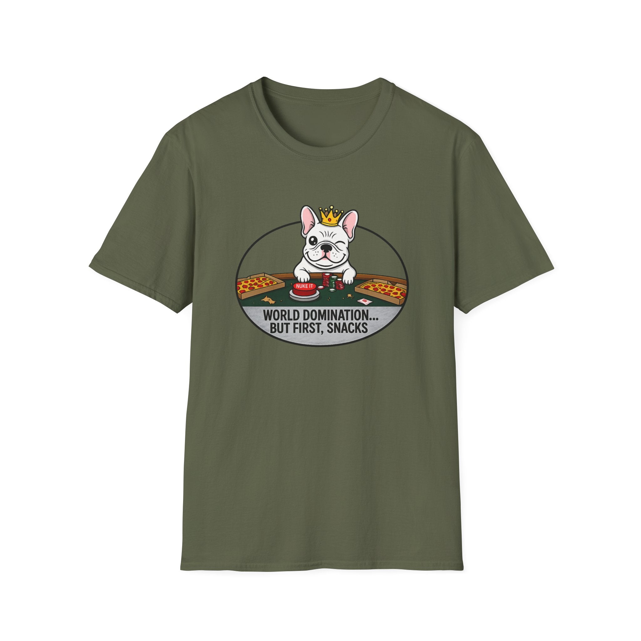 Dog Lover T-Shirt — "World Domination... But First, Snacks" Cute French Bulldog Tee