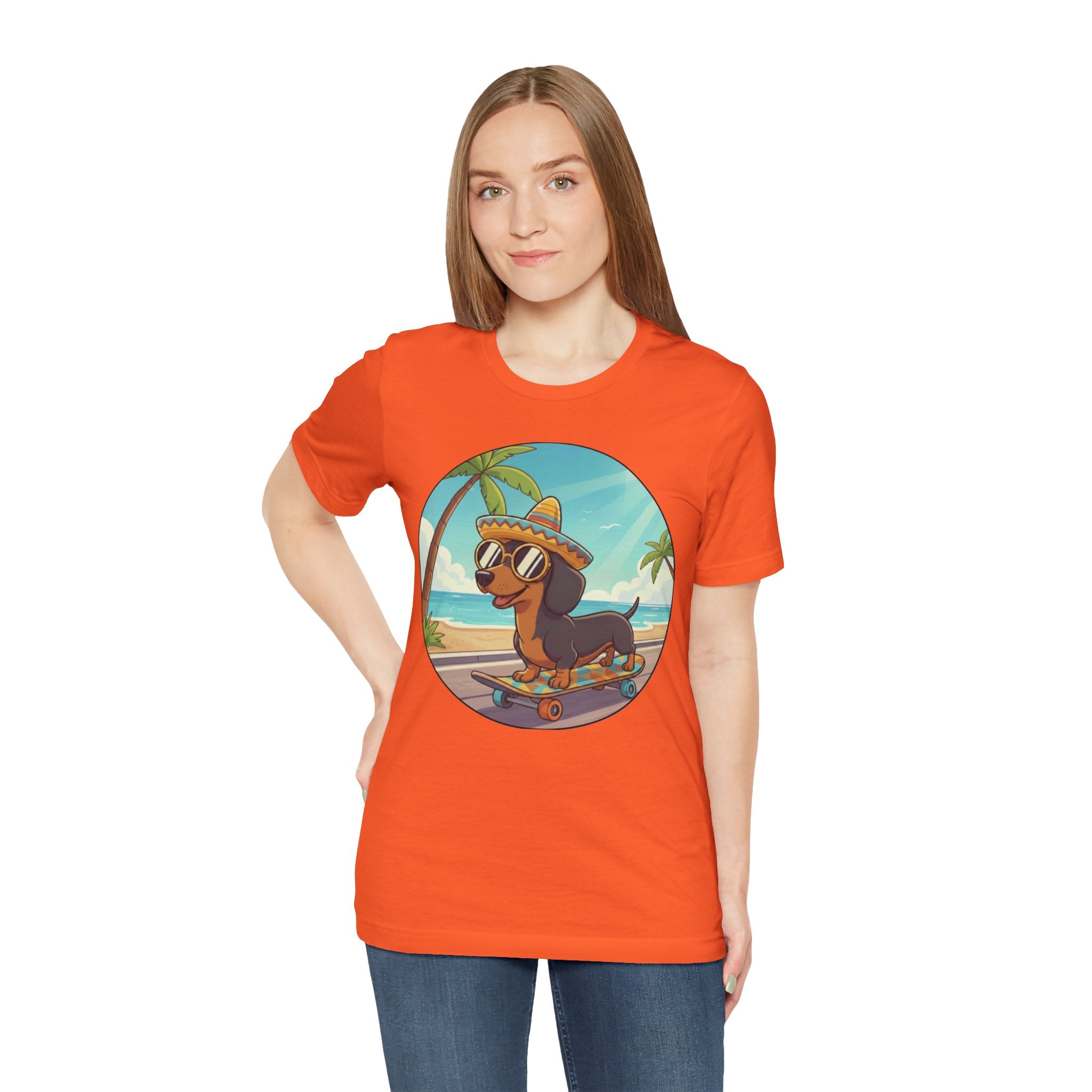 Dachshund Skateboard Tee — Beach Vibes Dog Skateboard T‑Shirt