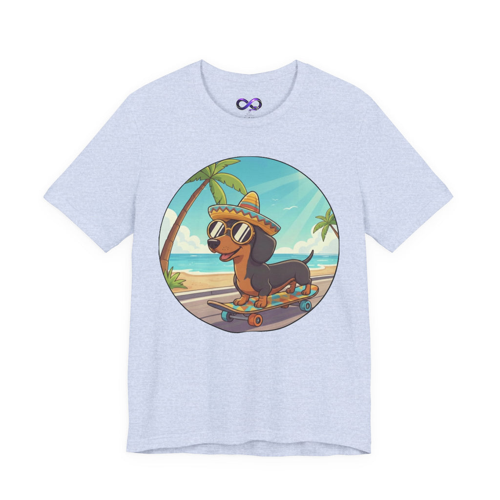Dachshund Skateboard Tee — Beach Vibes Dog Skateboard T‑Shirt