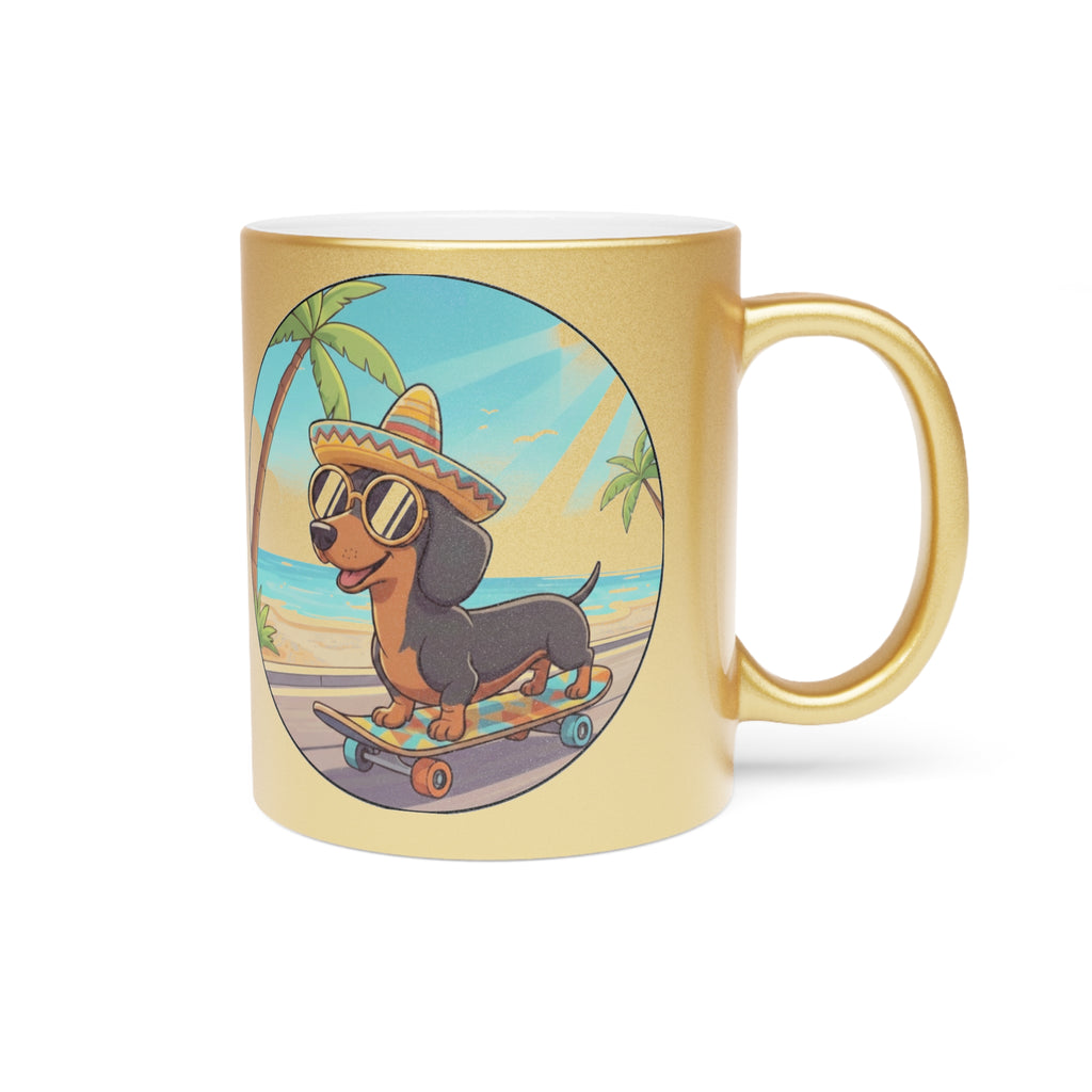 Metallic Mug — Skateboarding Dachshund Beach Design (Silver/Gold)