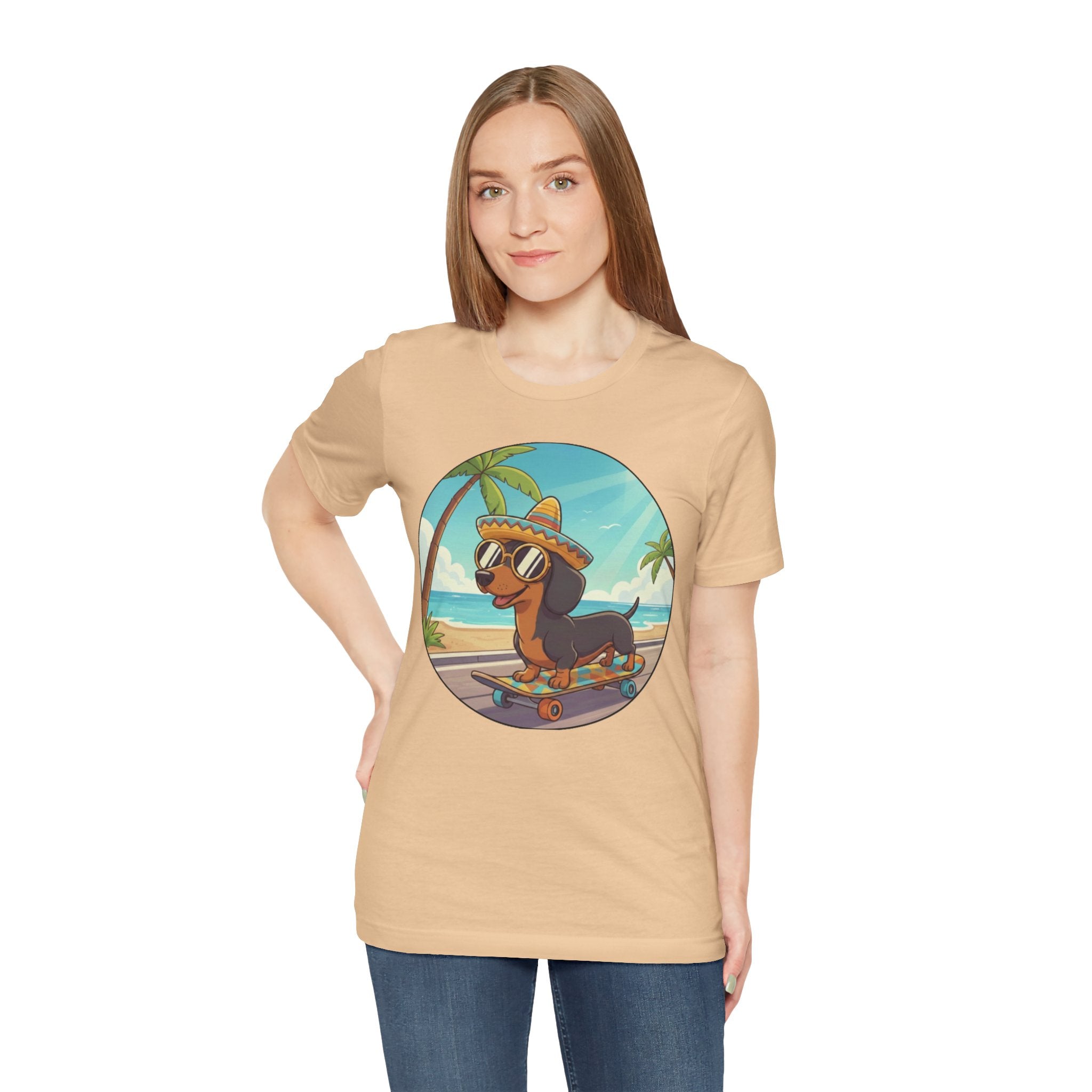 Dachshund Skateboard Tee — Beach Vibes Dog Skateboard T‑Shirt