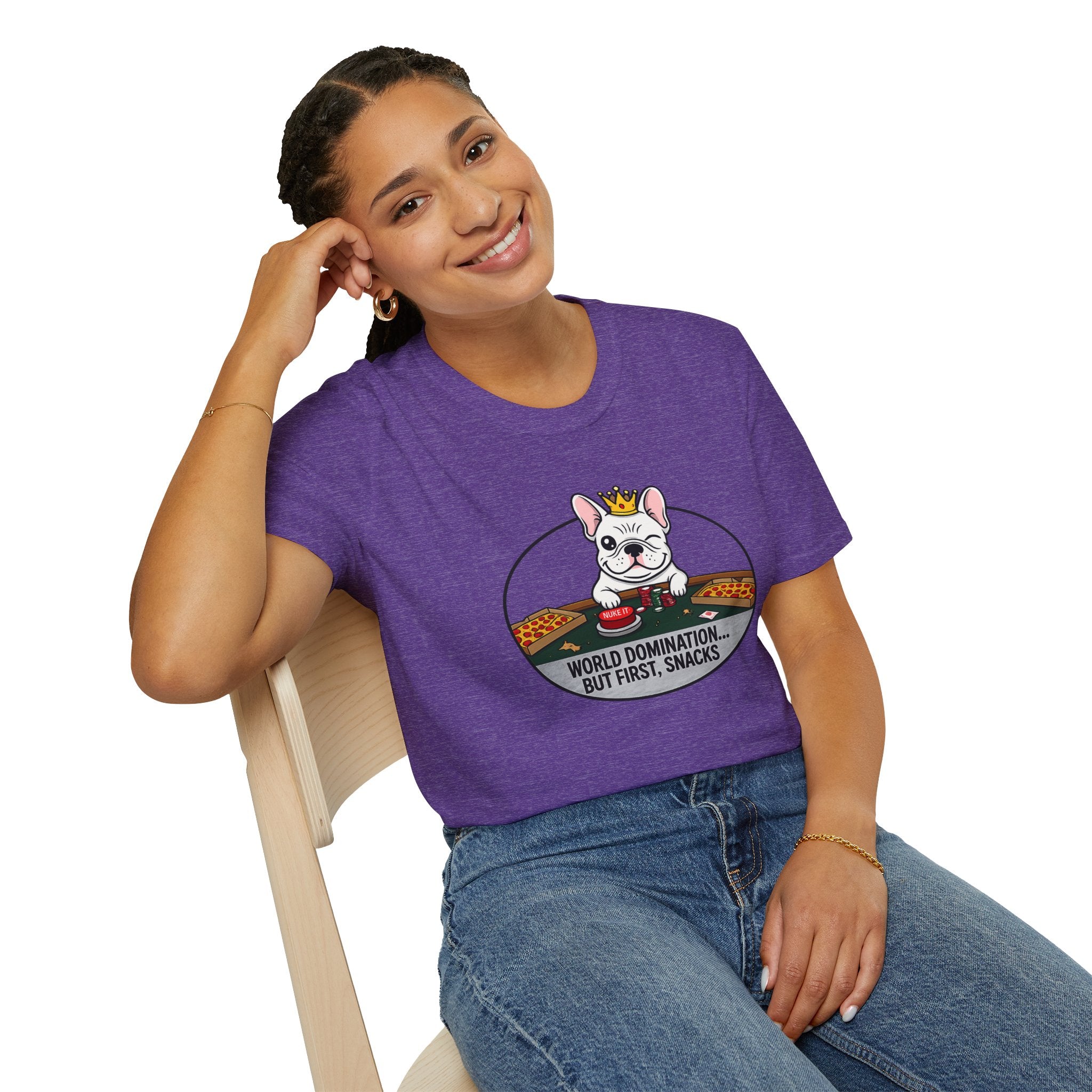 Dog Lover T-Shirt — "World Domination... But First, Snacks" Cute French Bulldog Tee