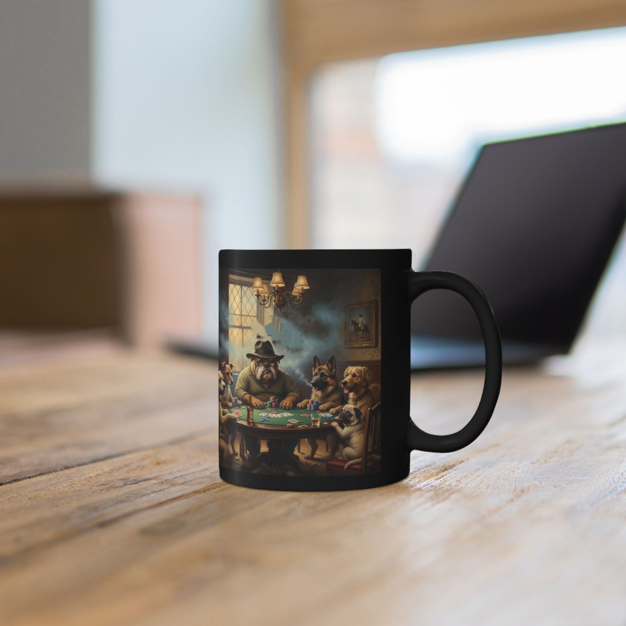 Poker Dogs Black Ceramic Mug — Funny Canine Poker Night Coffee Cup (11oz/15oz)