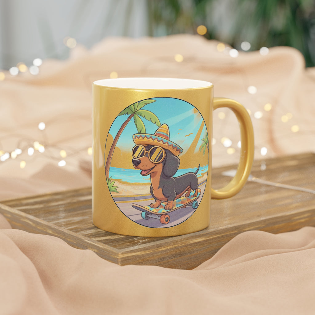 Metallic Mug — Skateboarding Dachshund Beach Design (Silver/Gold)