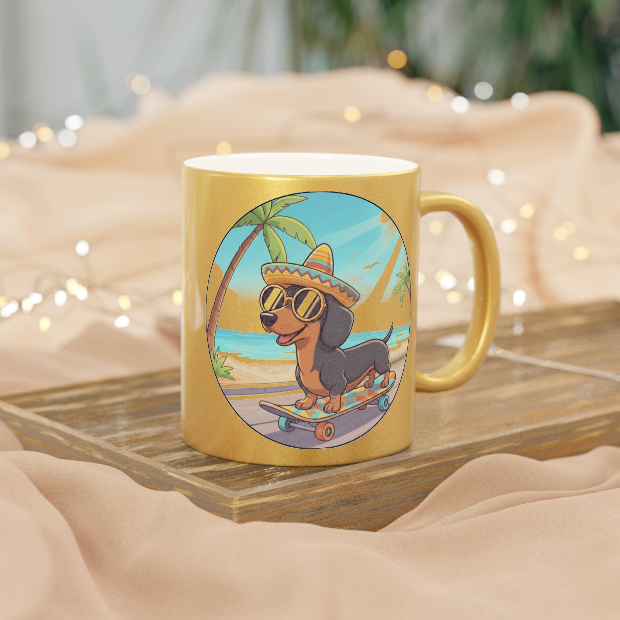Metallic Mug — Skateboarding Dachshund Beach Design (Silver/Gold)