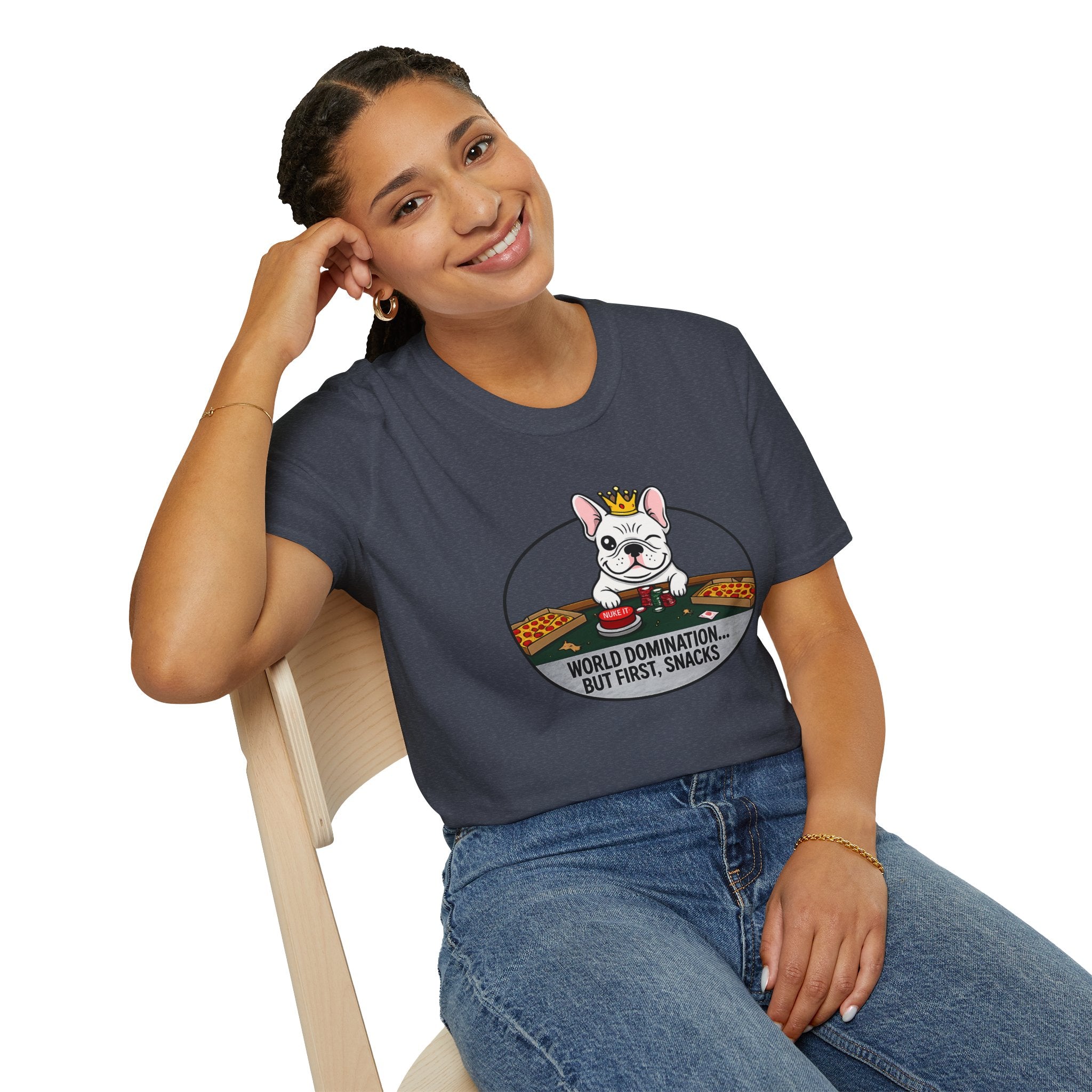 Dog Lover T-Shirt — "World Domination... But First, Snacks" Cute French Bulldog Tee