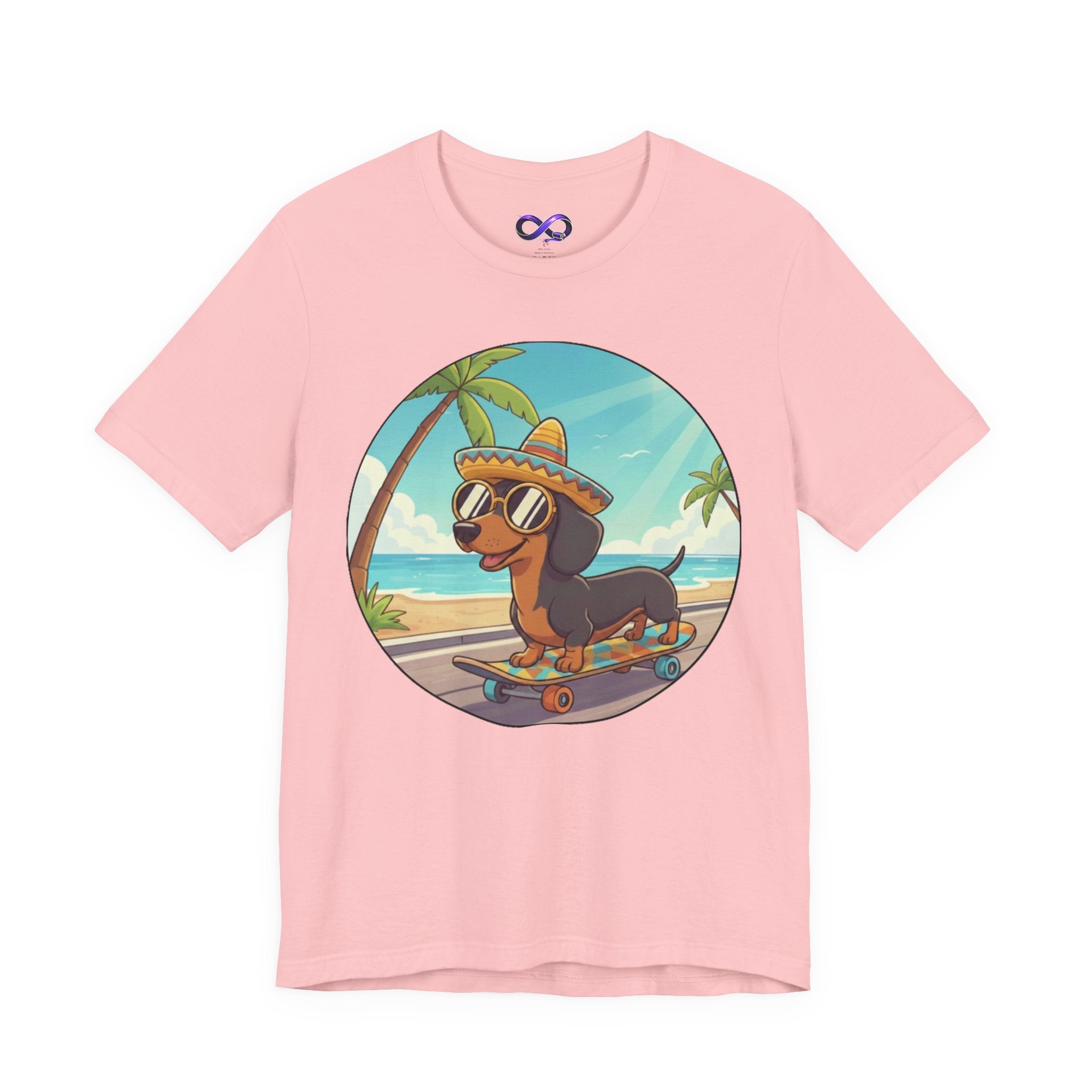 Dachshund Skateboard Tee — Beach Vibes Dog Skateboard T‑Shirt