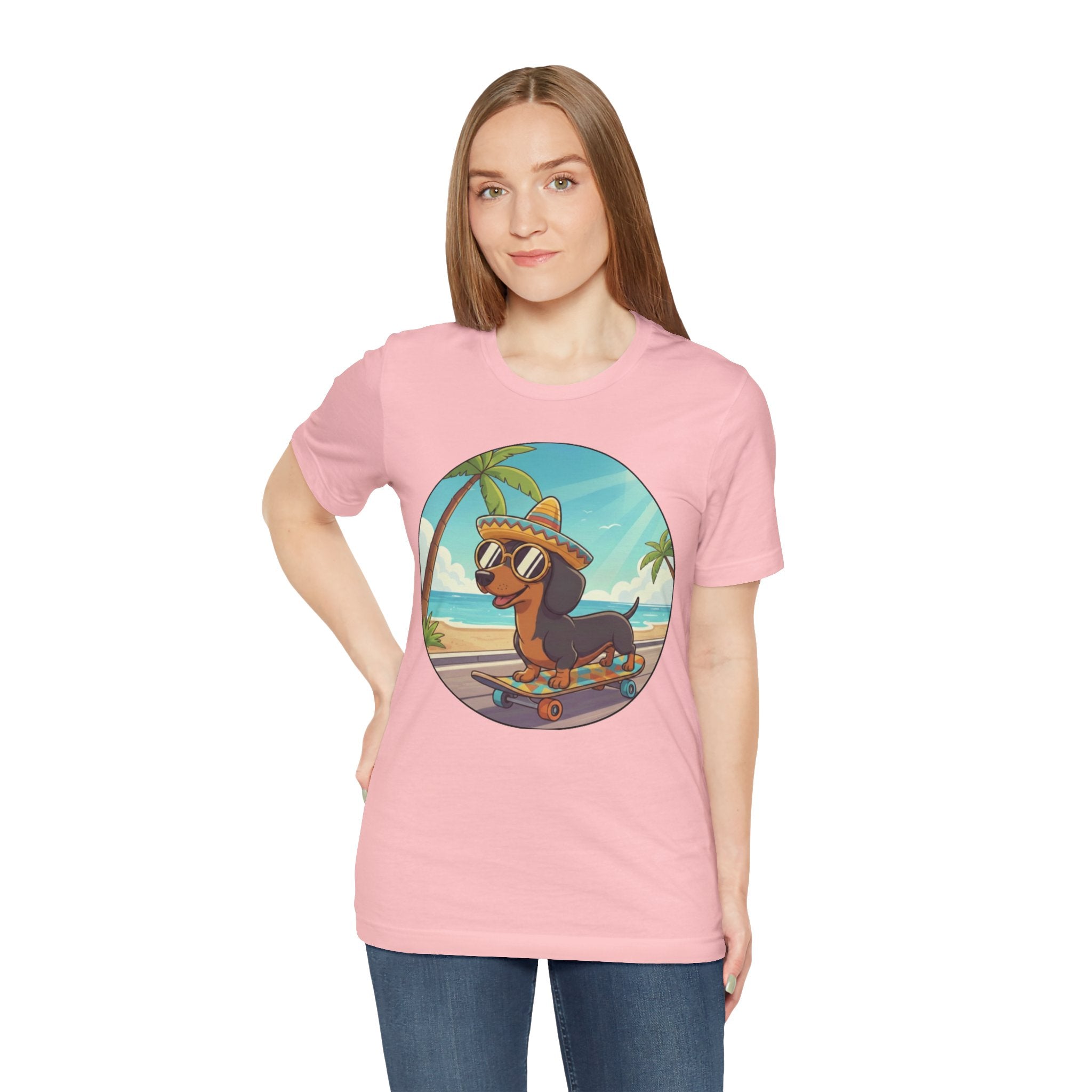 Dachshund Skateboard Tee — Beach Vibes Dog Skateboard T‑Shirt