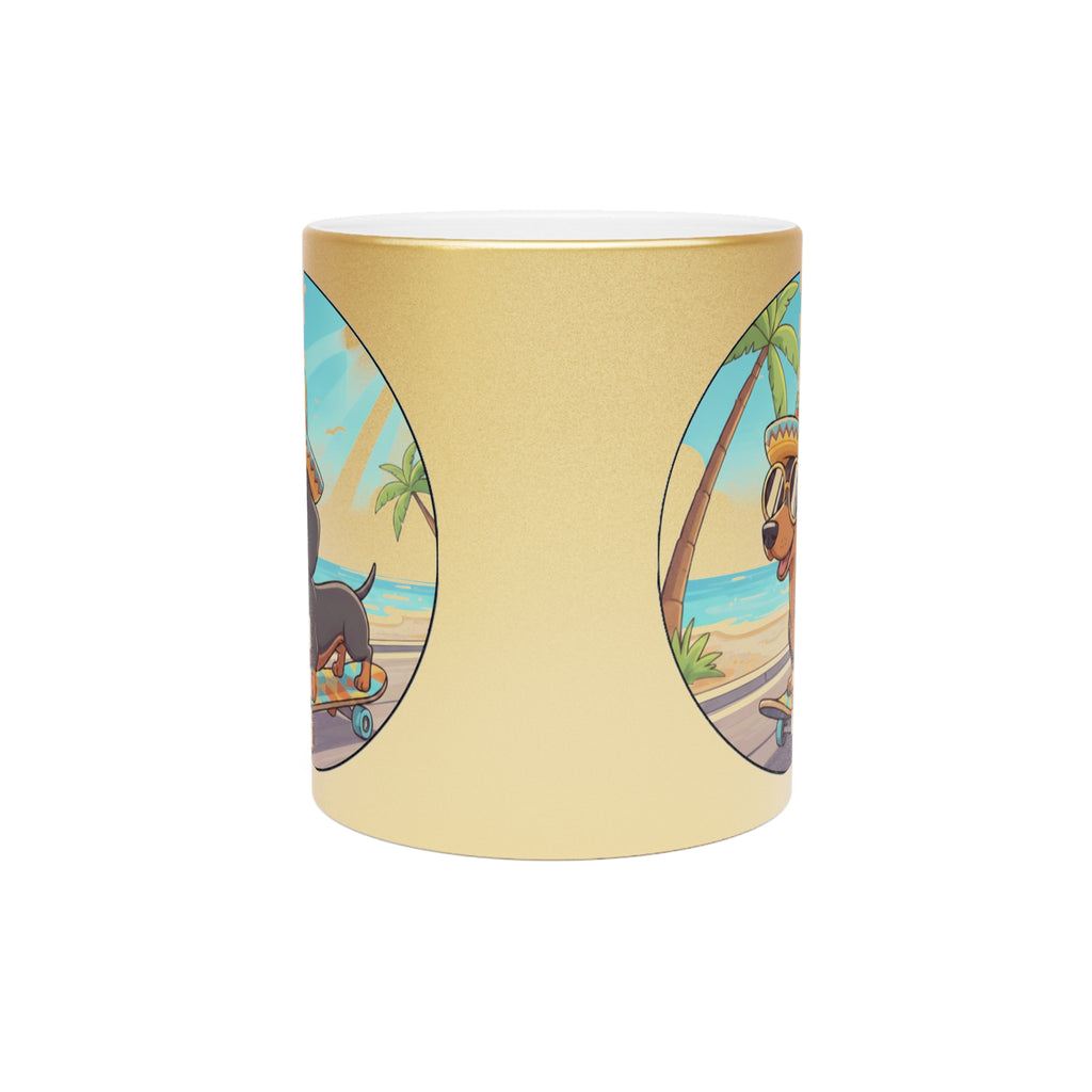 Metallic Mug — Skateboarding Dachshund Beach Design (Silver/Gold)