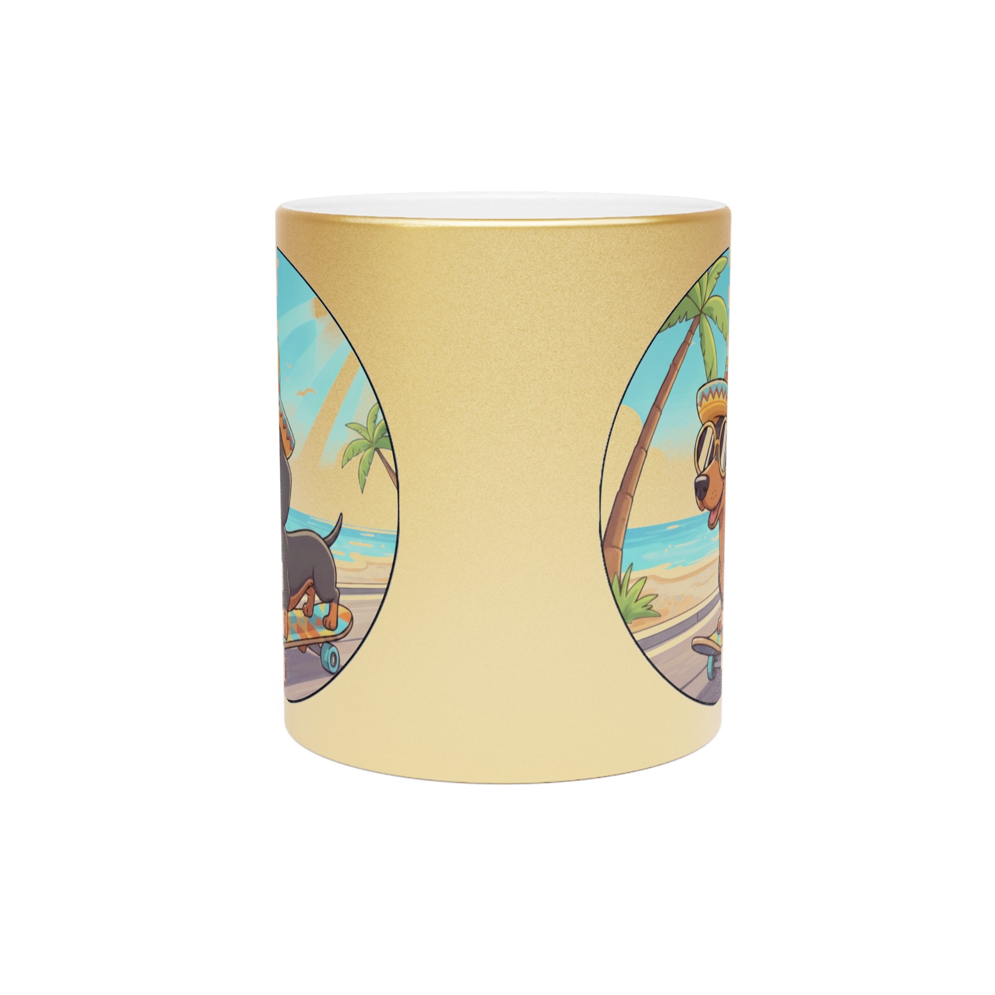 Metallic Mug — Skateboarding Dachshund Beach Design (Silver/Gold)