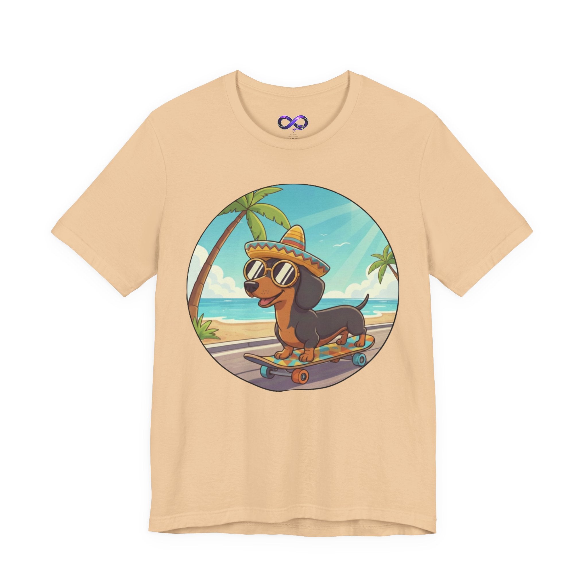 Dachshund Skateboard Tee — Beach Vibes Dog Skateboard T‑Shirt