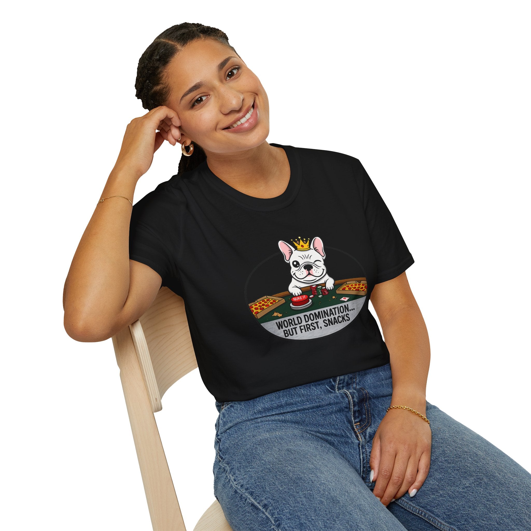 Dog Lover T-Shirt — "World Domination... But First, Snacks" Cute French Bulldog Tee