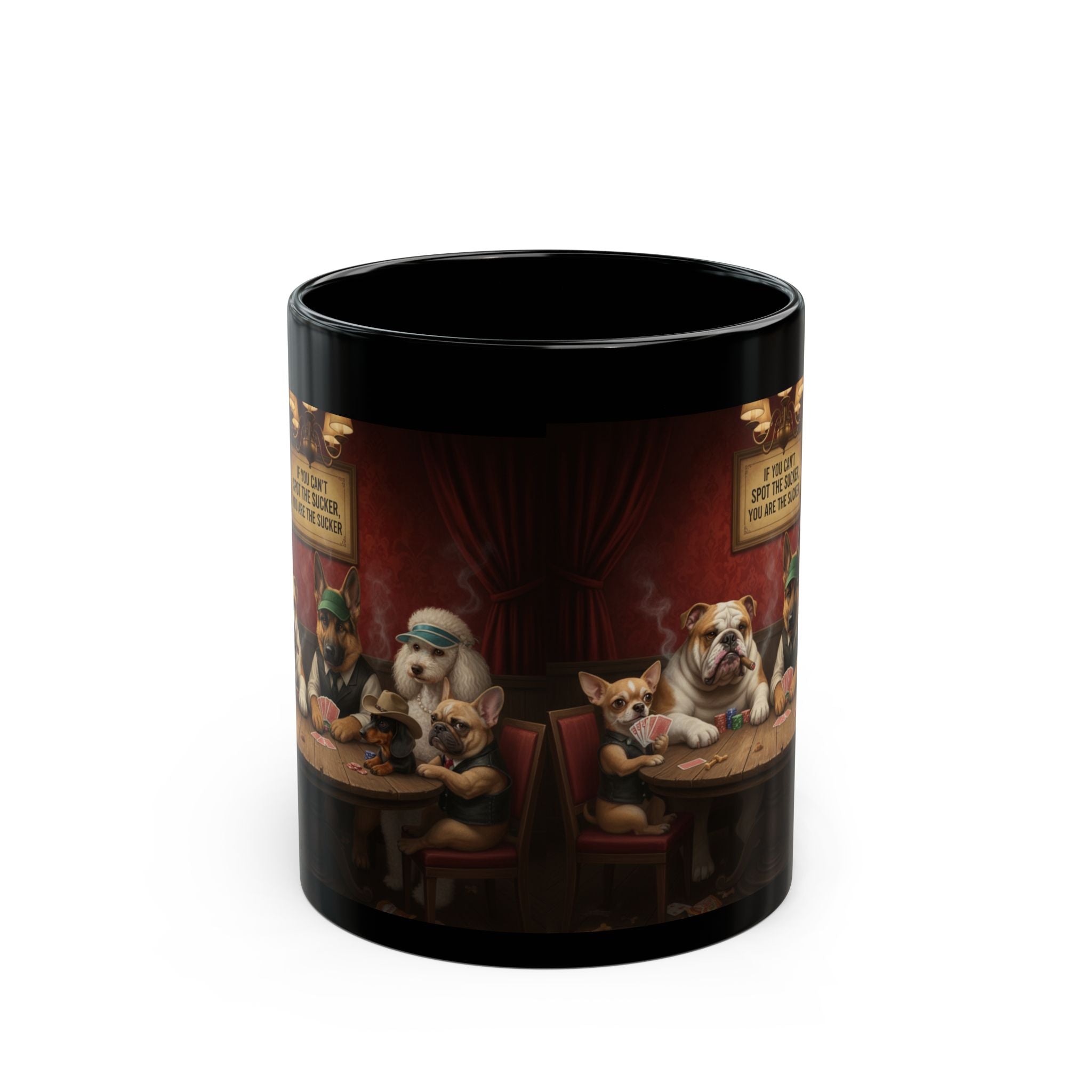 Dog Poker Night Black Mug — "If You Can't Spot the Sucker..." Funny Coffee Cup
