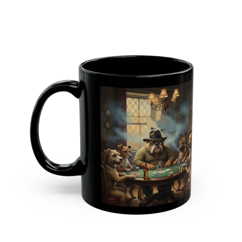 Poker Dogs Black Ceramic Mug — Funny Canine Poker Night Coffee Cup (11oz/15oz)