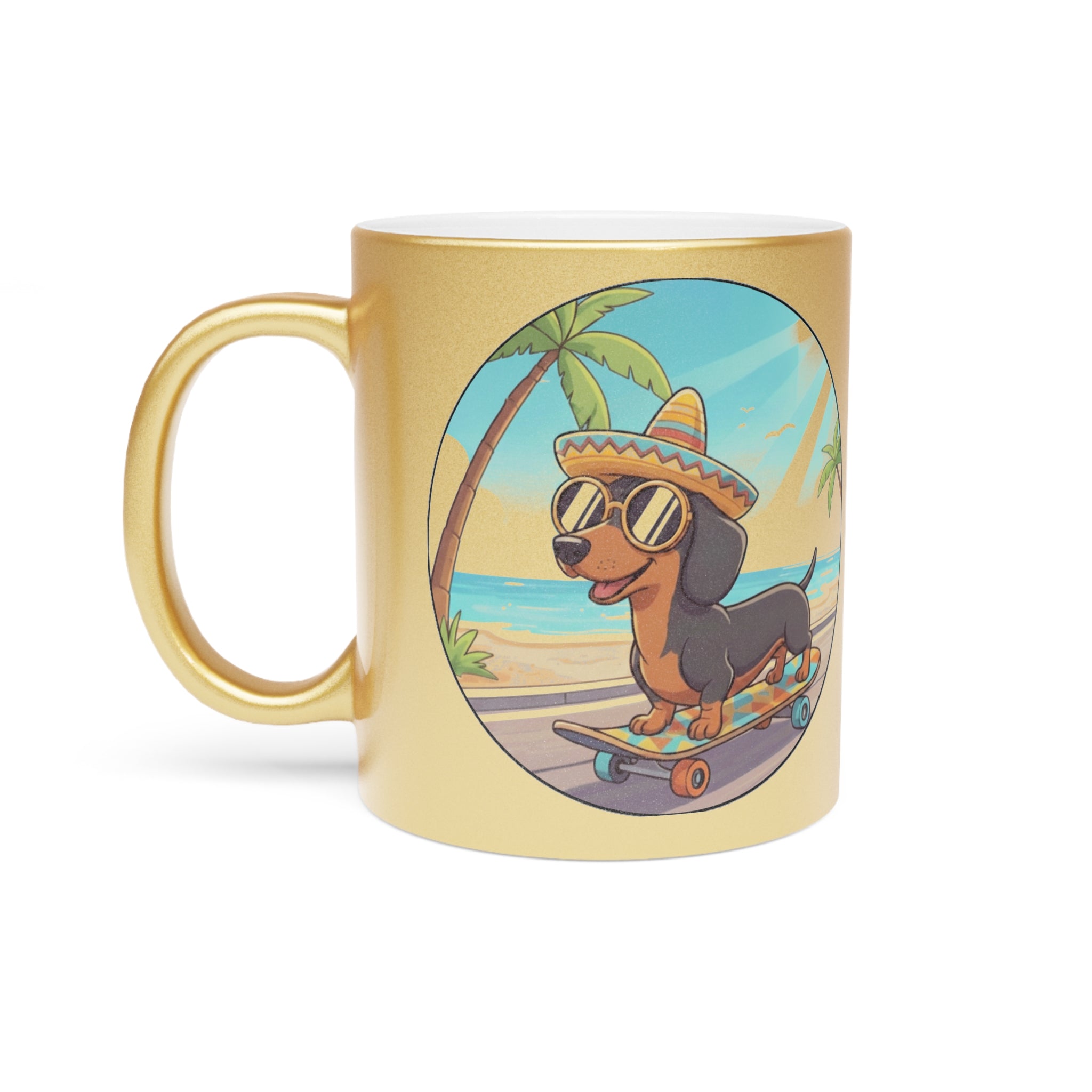 Metallic Mug — Skateboarding Dachshund Beach Design (Silver/Gold)