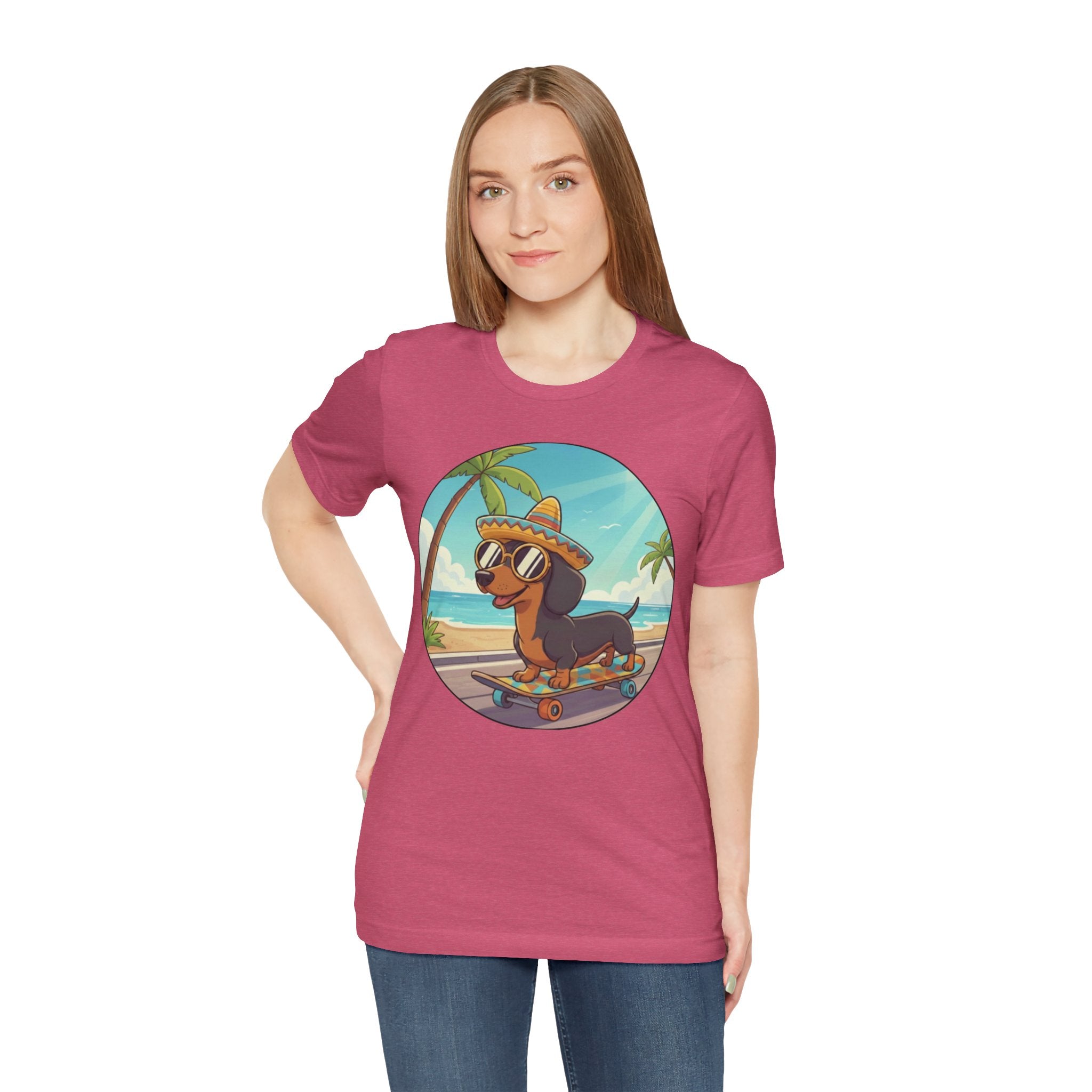 Dachshund Skateboard Tee — Beach Vibes Dog Skateboard T‑Shirt