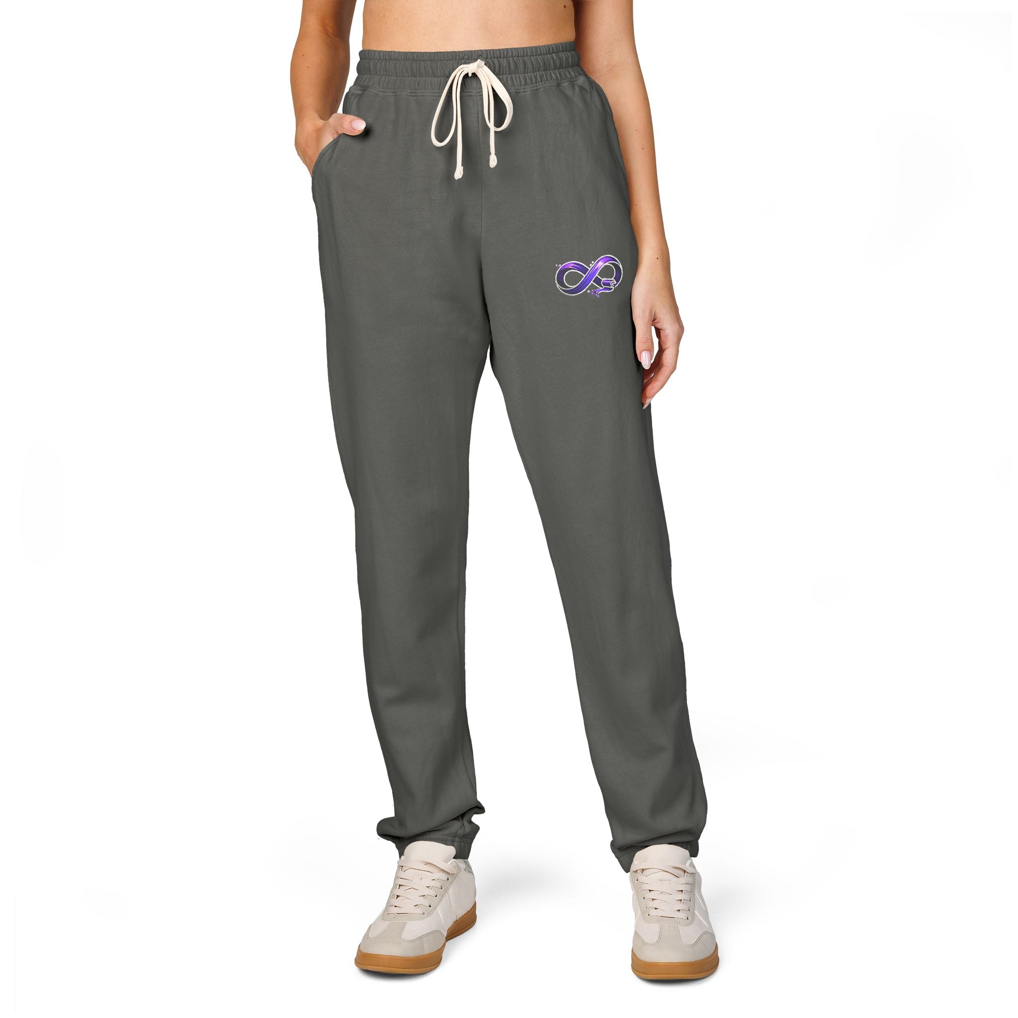 Embroidered Purple Rose Sweatpants — Garment-Dyed Fleece Joggers