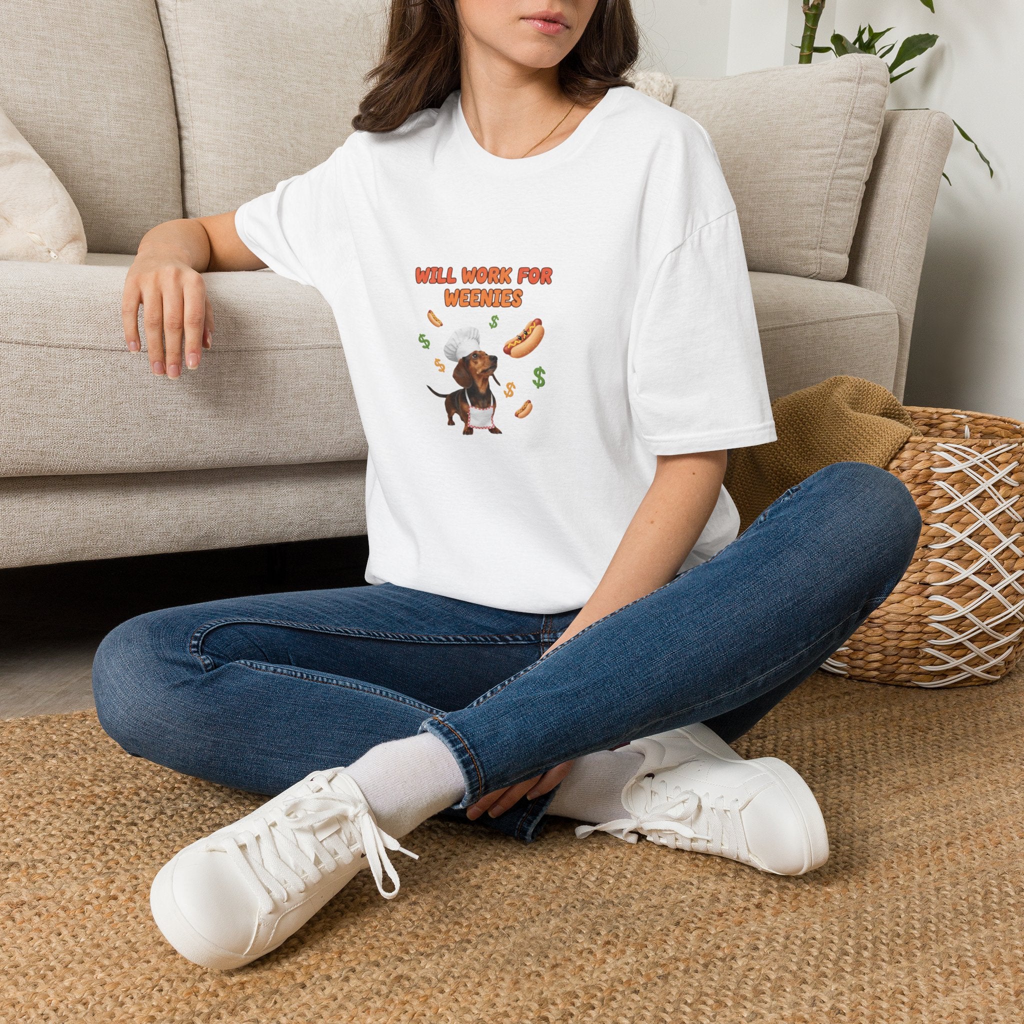 Will Work for Weenies T-Shirt — Cute Dachshund Hot Dog Graphic Tee