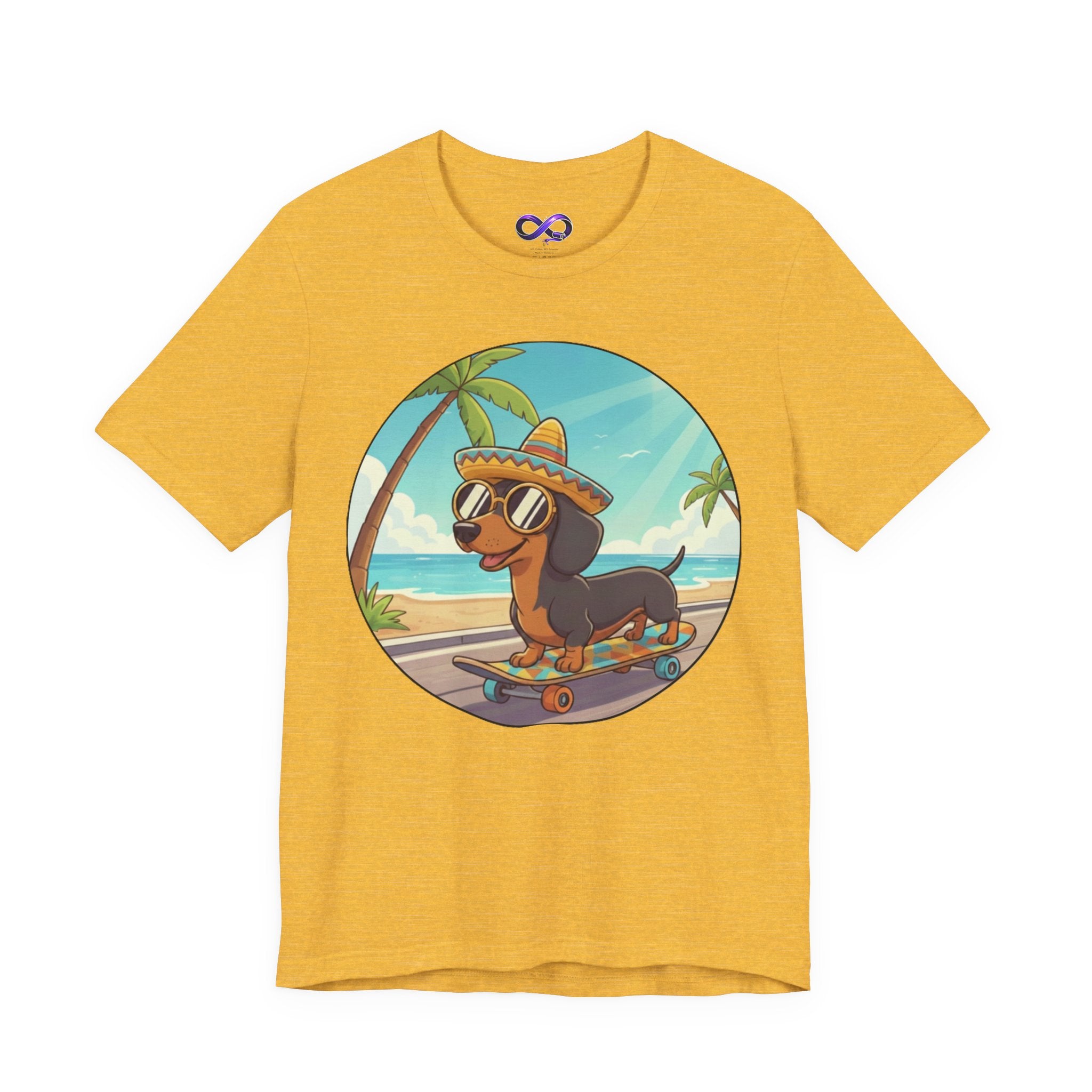 Dachshund Skateboard Tee — Beach Vibes Dog Skateboard T‑Shirt