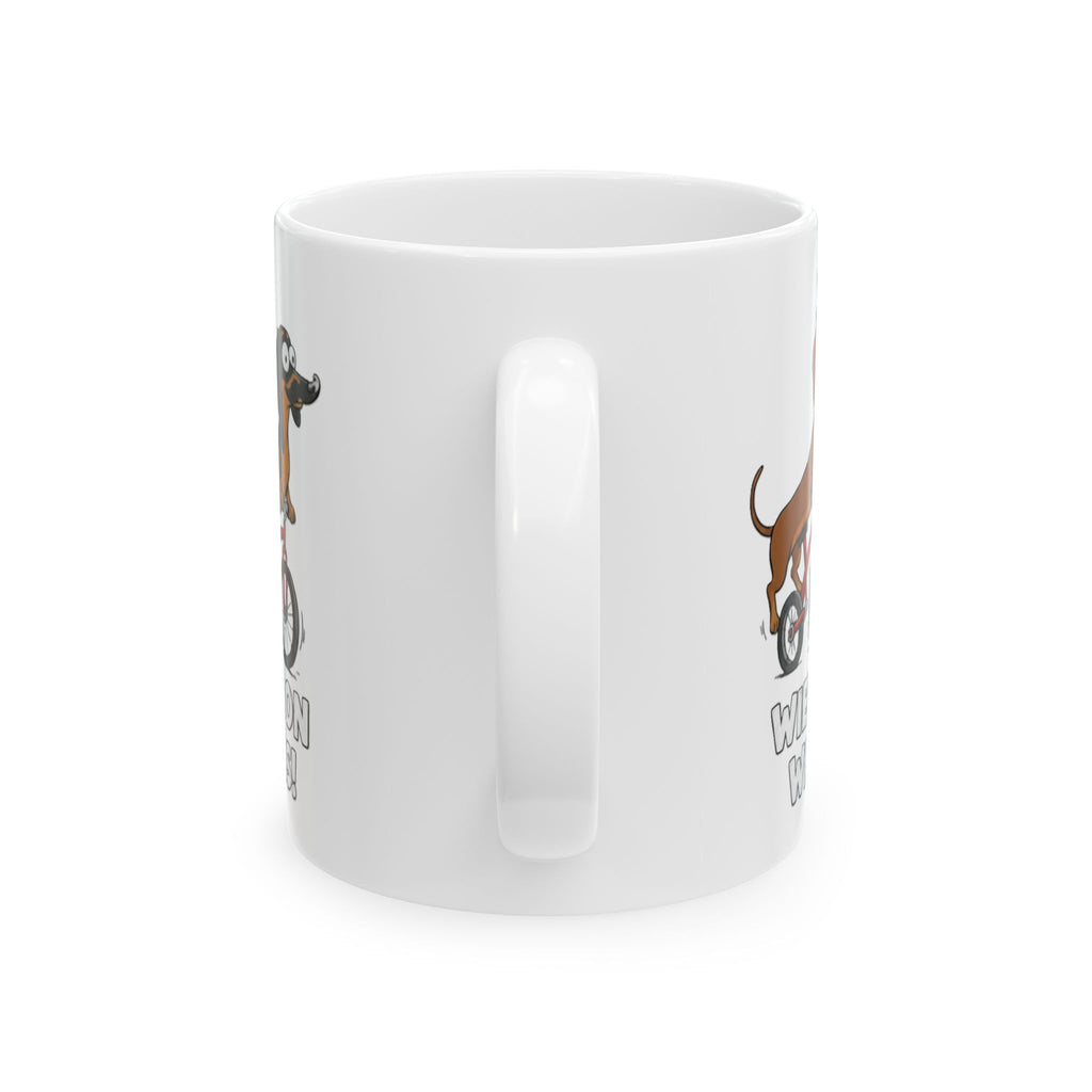 Dachshund on Bike Ceramic Mug – 'Wiener On Wheels' Funny Dog Coffee Cup (11oz, 15oz)