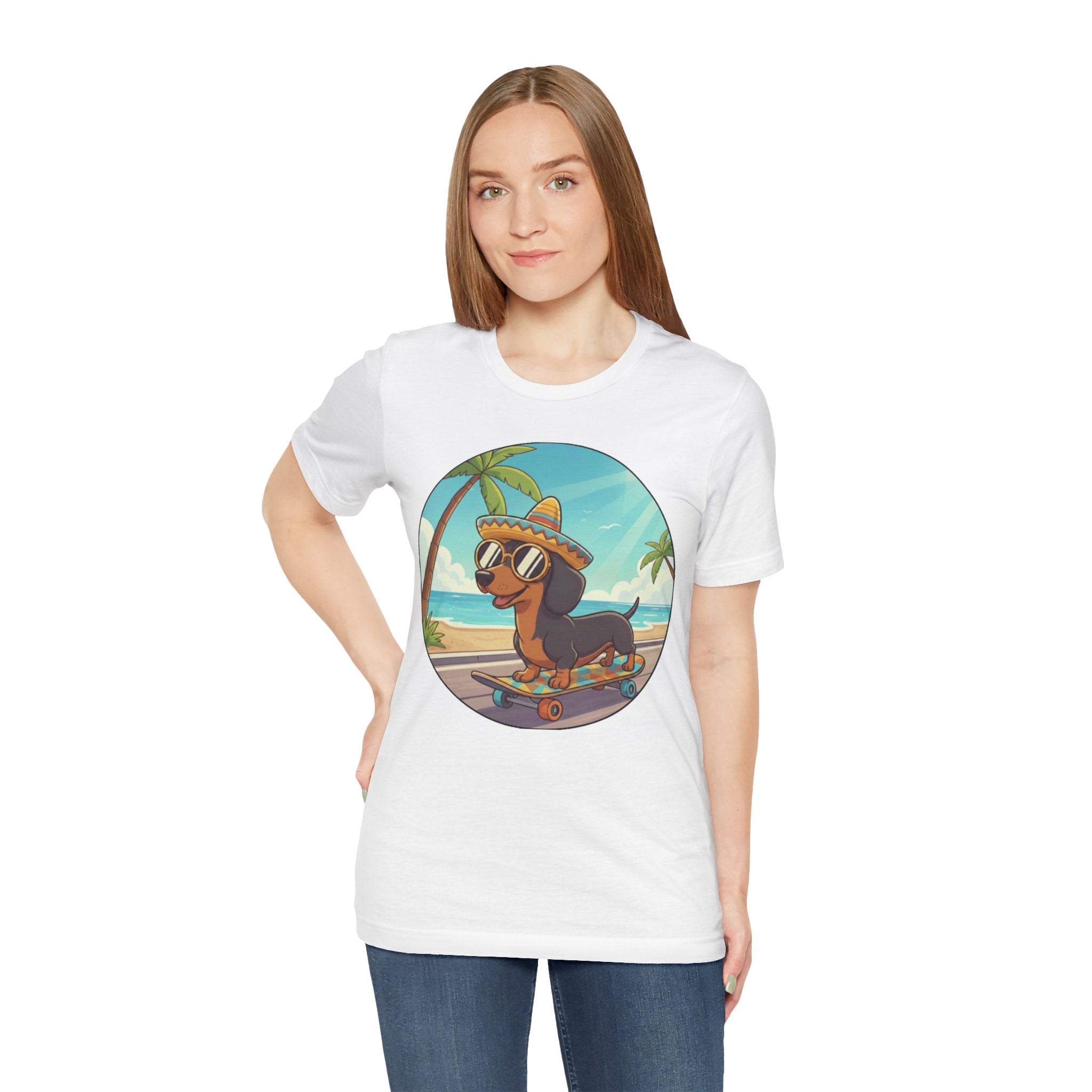 Dachshund Skateboard Tee — Beach Vibes Dog Skateboard T‑Shirt
