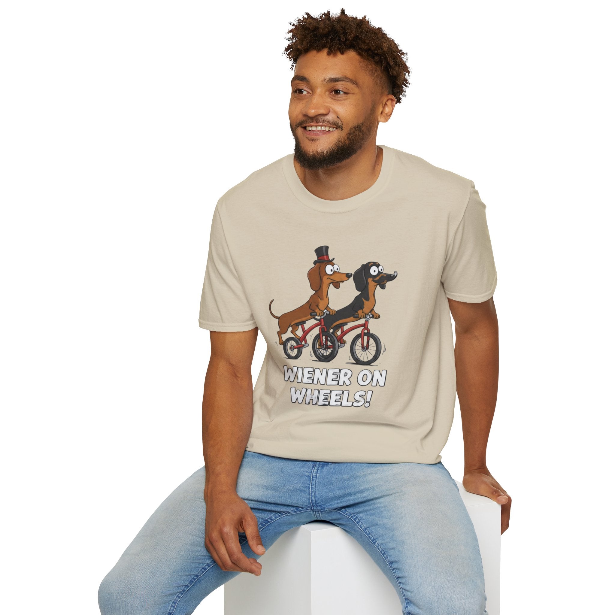 Dachshund Bike T-Shirt — "Wiener on Wheels" Funny Wiener Dog Tee